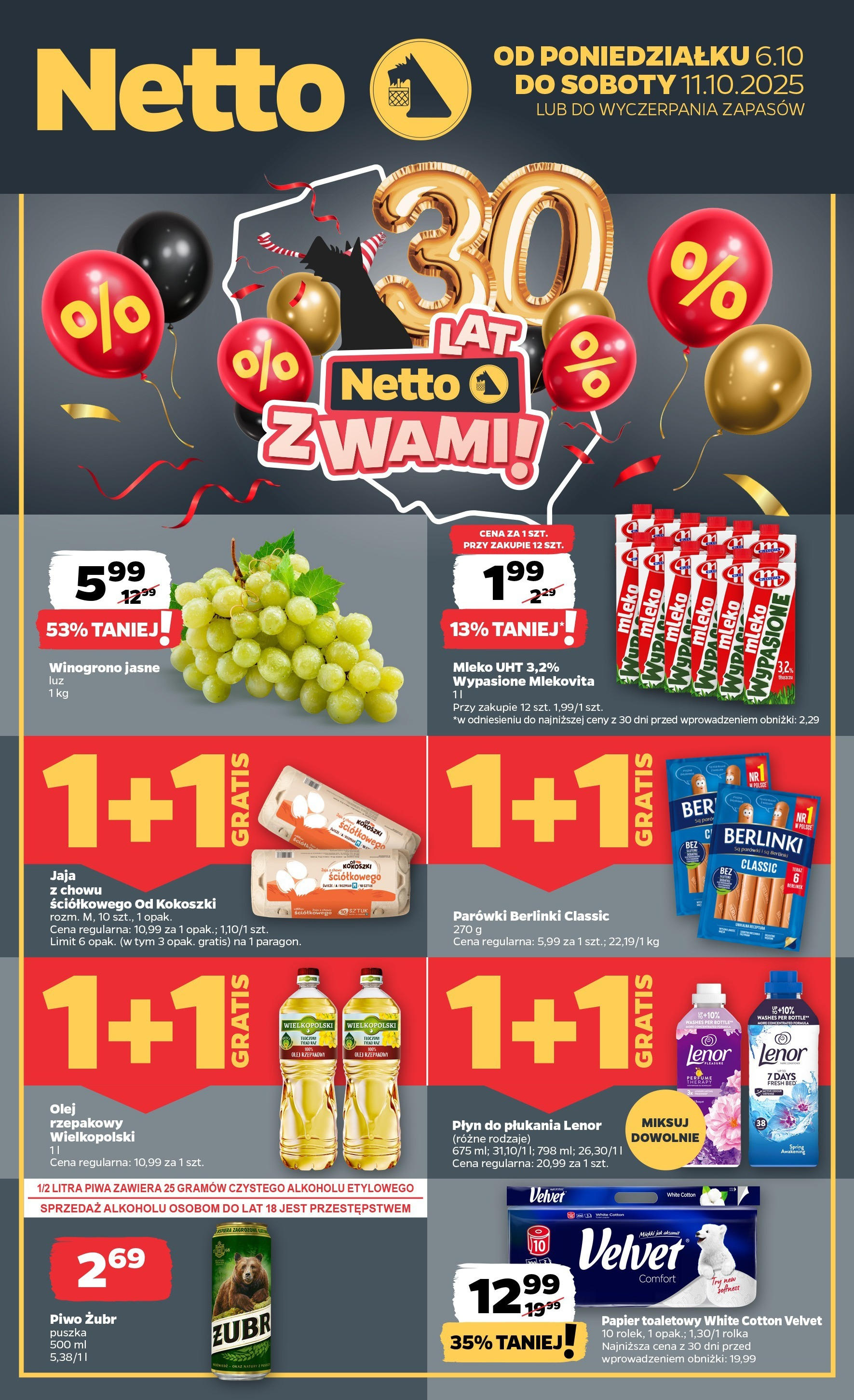 Netto gazetka - Spożywcza od 06.10.2025 - Aktualne promocje | Strona: 1 | Produkty: Piwo żubr, Papier toaletowy, Parówki, Jaja