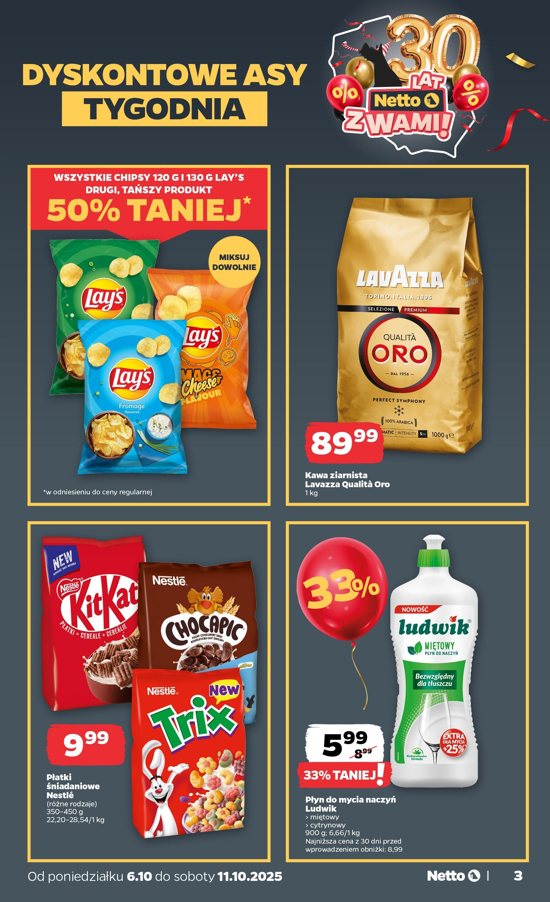 Netto gazetka - Spożywcza od 06.10.2025 - Aktualne promocje | Strona: 3 | Produkty: Chipsy, Kawa ziarnista, Lavazza, Płatki