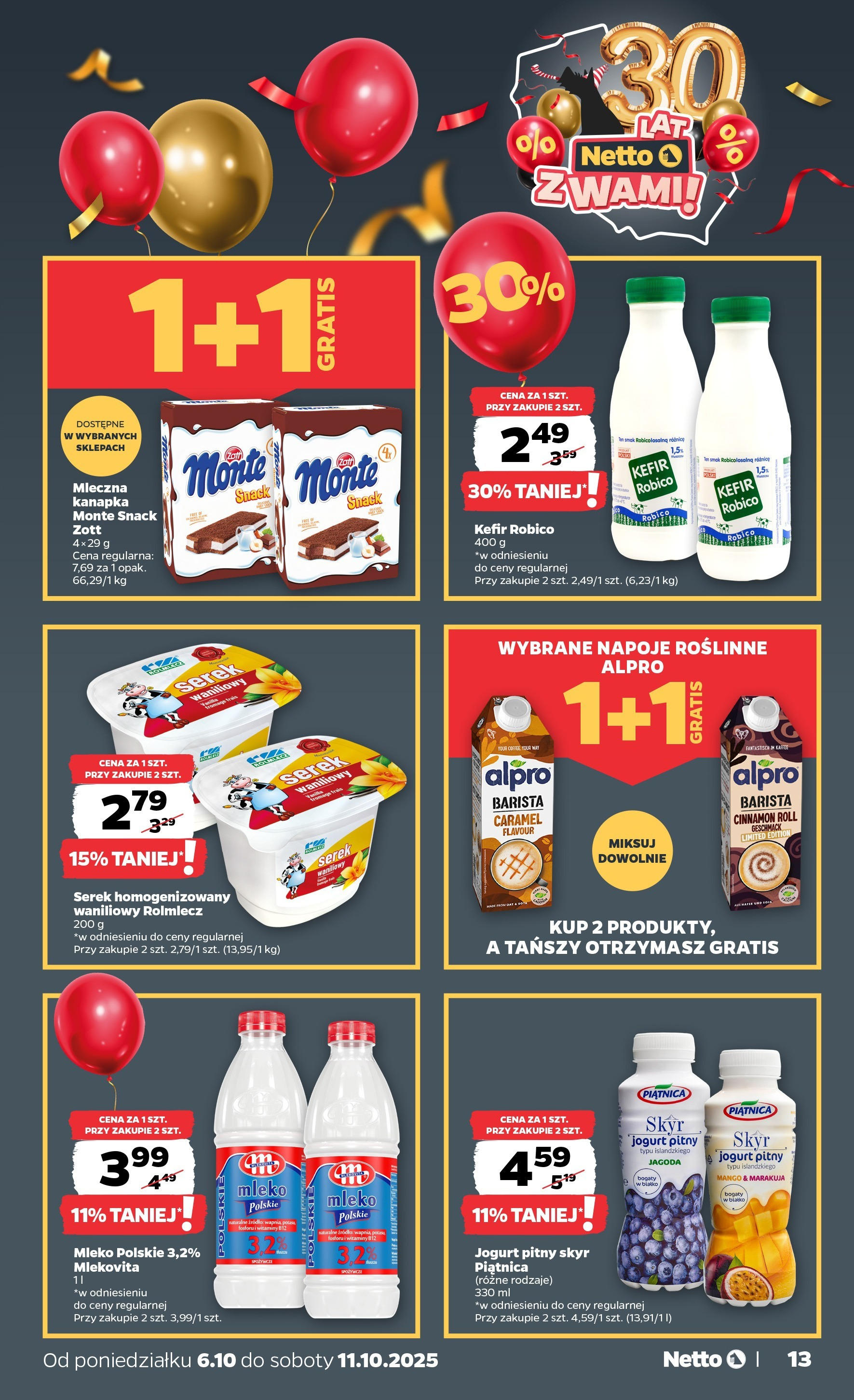 Netto gazetka - Spożywcza od 06.10.2025 - Aktualne promocje | Strona: 13 | Produkty: Serek homogenizowany, Serek, Mleko, Jogurt