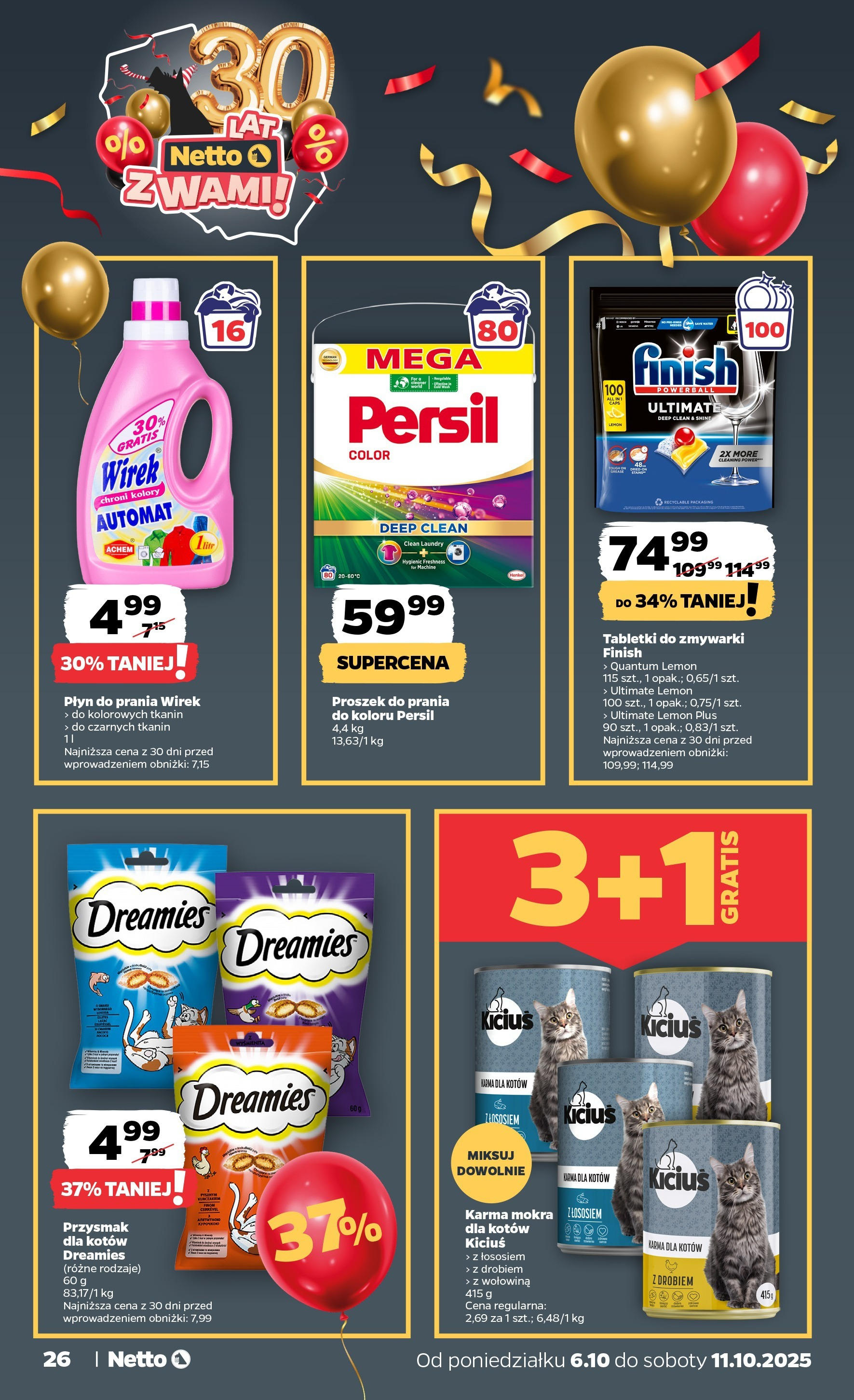 Netto gazetka - Spożywcza od 06.10.2025 - Aktualne promocje | Strona: 26 | Produkty: Karma dla kotów, Wołowina, Finish, Tabletki do zmywarki