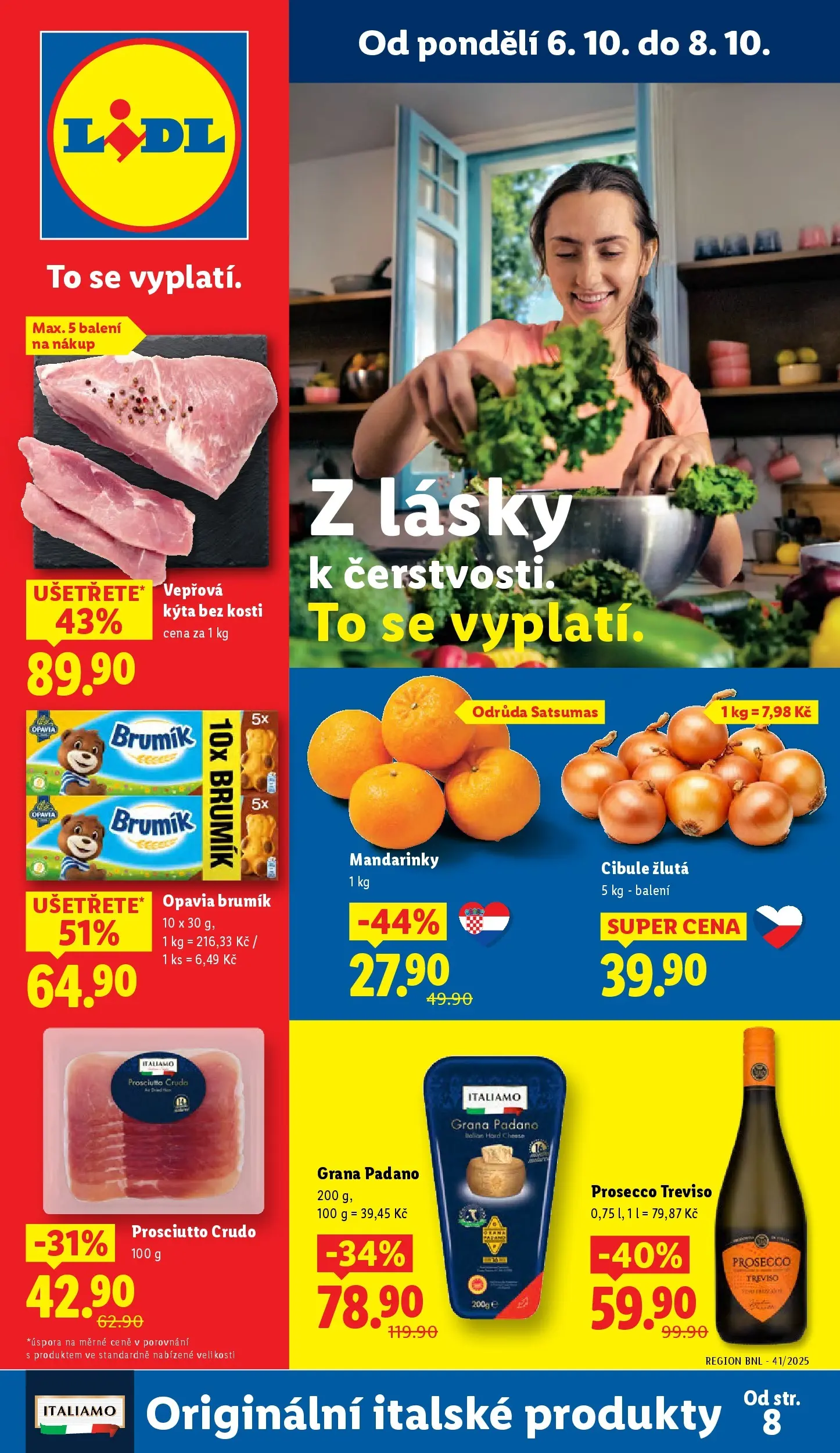 Lidl leták od 05.10.2025 - Nový akční leták | Strana: 1 | Produkty: Prosciutto, Prosecco Treviso, Kýta, Grana Padano