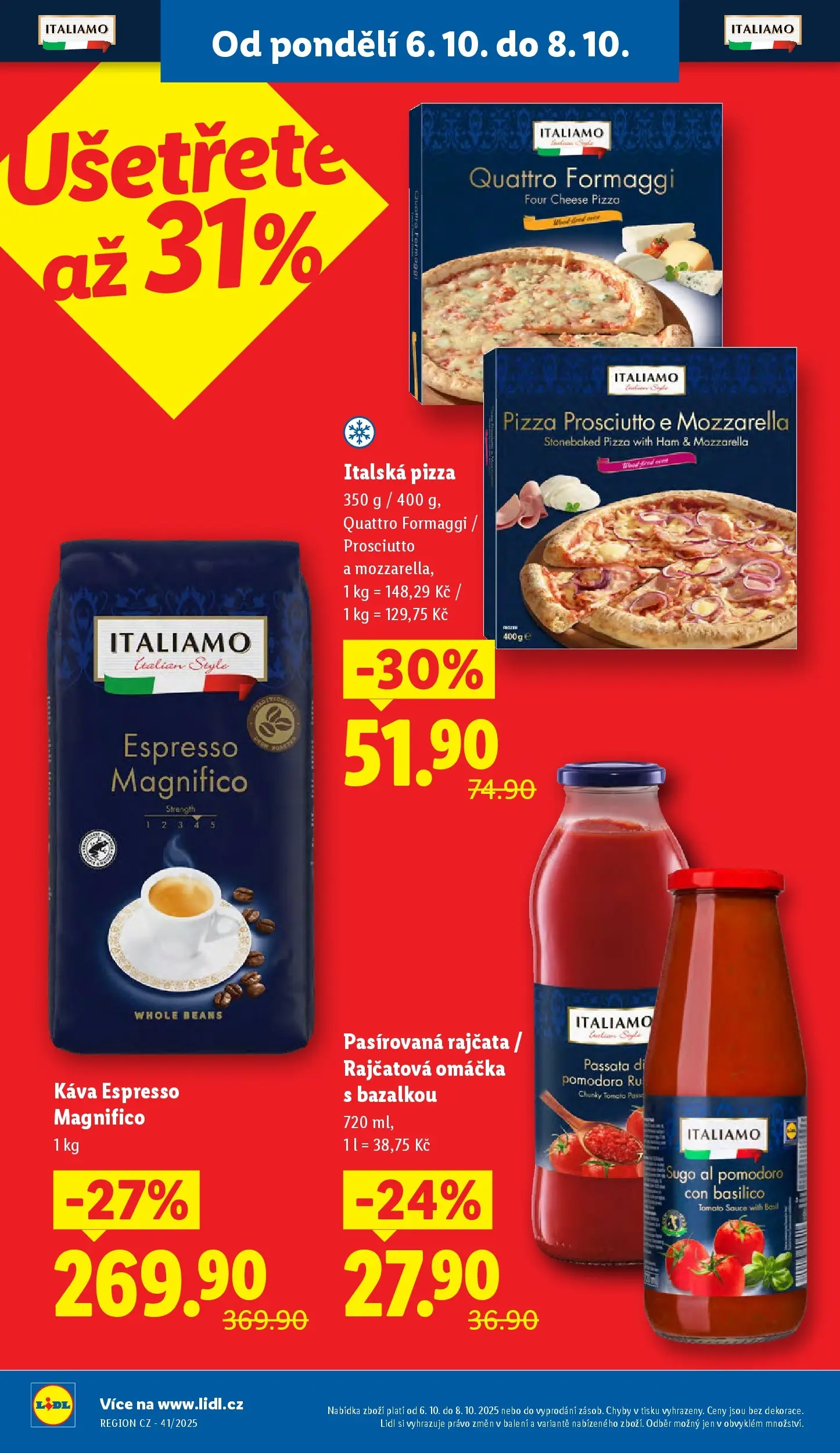 Lidl leták od 05.10.2025 - Nový akční leták | Strana: 2 | Produkty: Pasírovaná rajčata, Káva, Rajčatová omáčka, Mozzarella