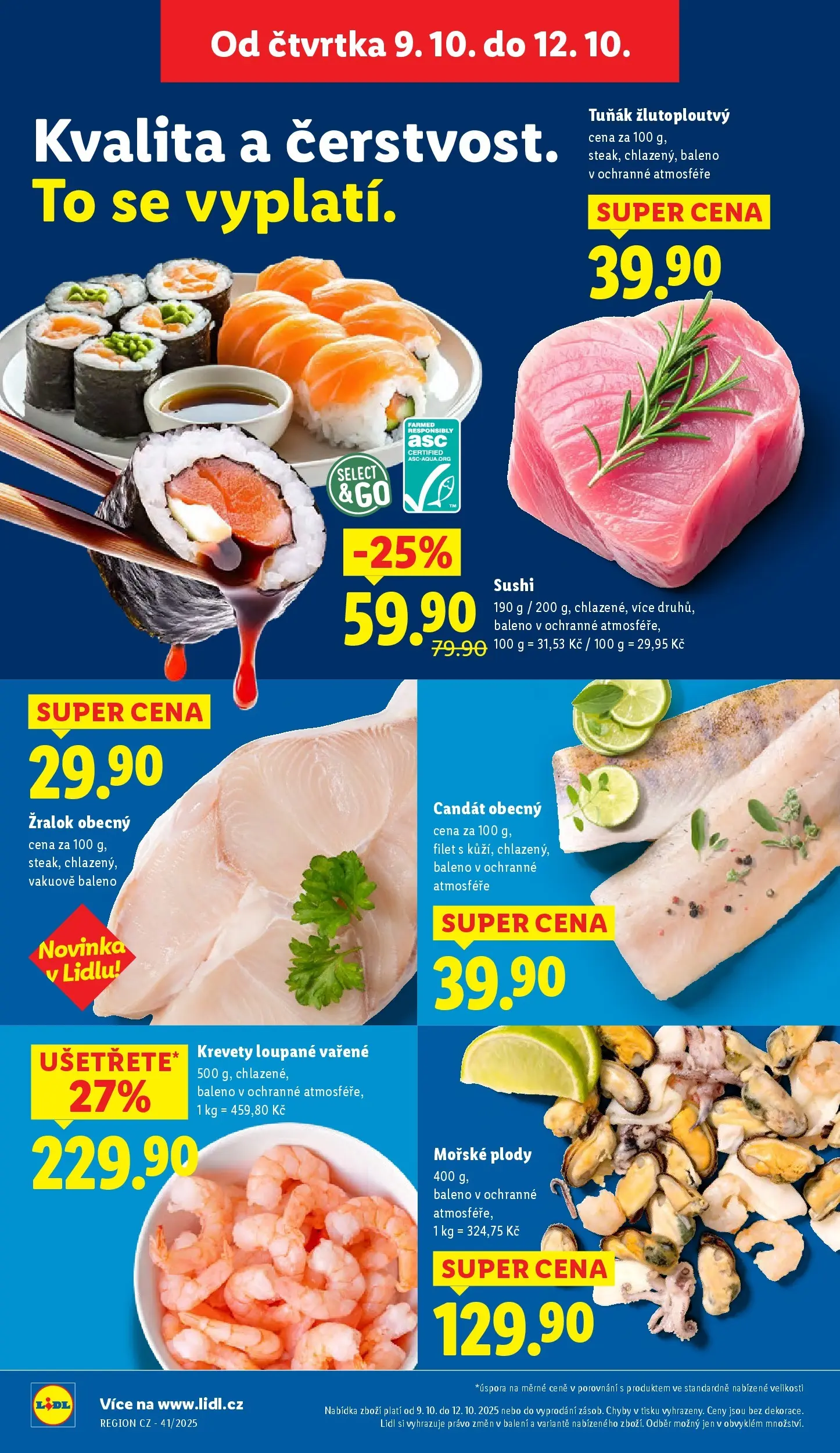Lidl leták od 08.10.2025 - Nový akční leták | Strana: 10 | Produkty: Candát, Sushi, Filet, Krevety