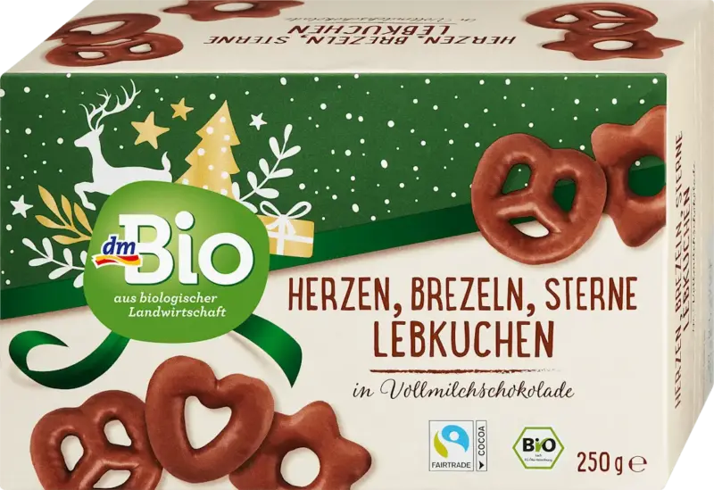 dmBio Lebkuchen, Herzen Brezeln Sterne in Vollmilchschokolade
