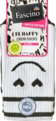 Fascino Crew Socken mit Smiley-Motiv weiß + schwarz Gr. 39-42