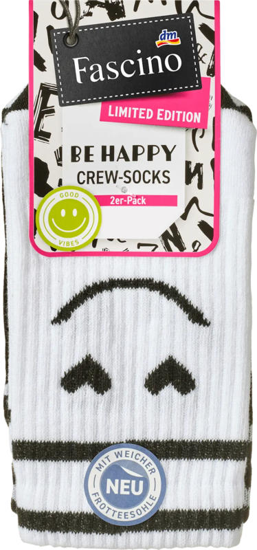 Fascino Crew Socken mit Smiley-Motiv weiß + schwarz Gr. 35-38