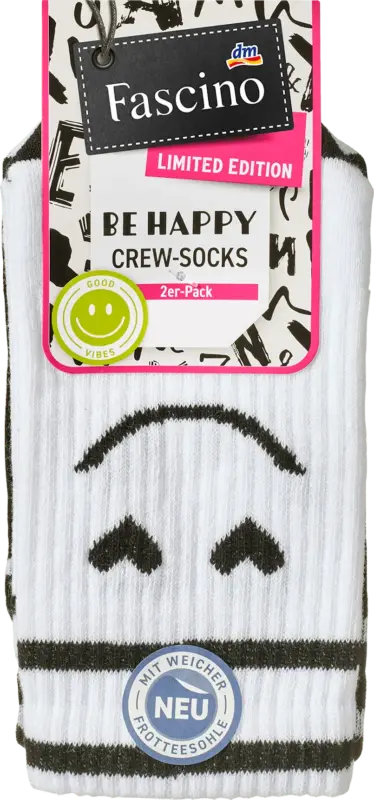 Fascino Crew Socken mit Smiley-Motiv weiß + schwarz Gr. 39-42