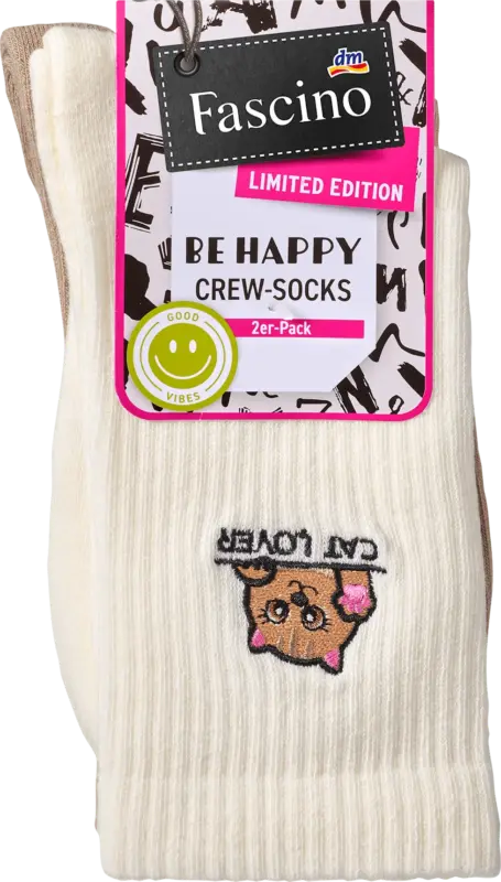 Fascino Crew Socken mit Cat Lover- + Pfoten-Motiv weiß + beige Gr. 35-38
