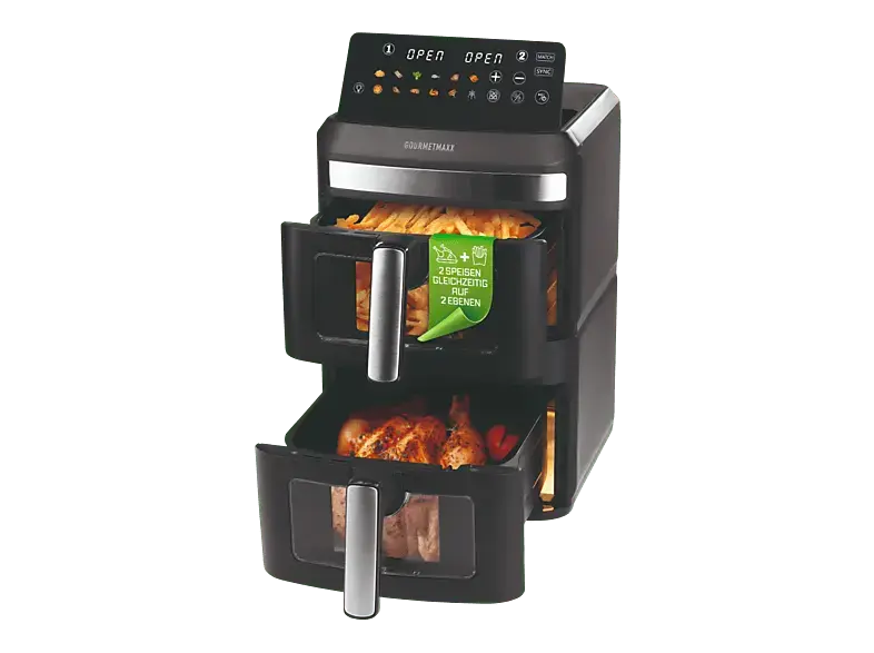 Gourmetmaxx 16439 Fryup XL Vertikal Doppel-Heißluftfritteuse, mit Sichtfenster 12 l, Schwarz