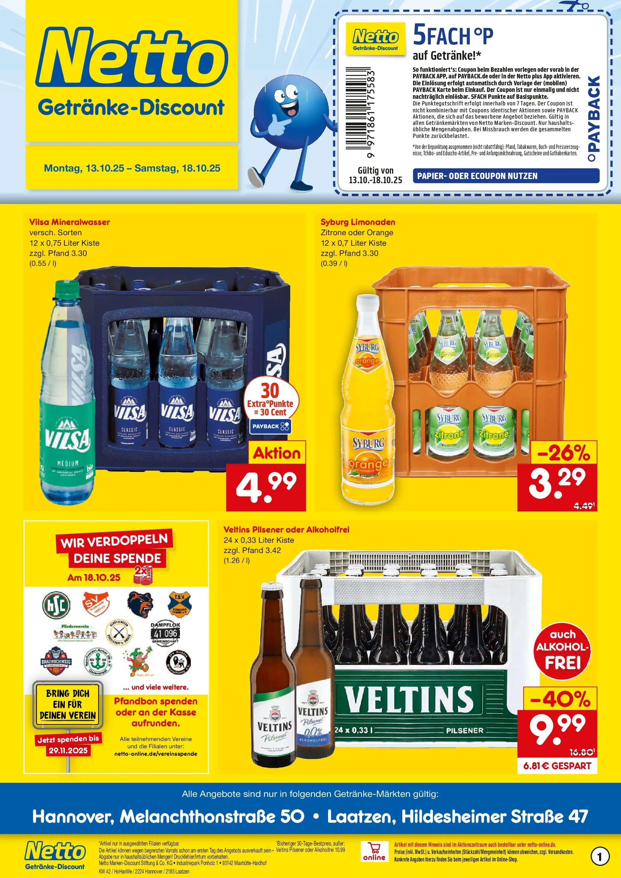 Netto Marken-Discount prospekt Laatzen	 (ab 13.10.2025) » Angebote | Seite: 1 | Produkte: Mineralwasser, Zitrone, Veltins