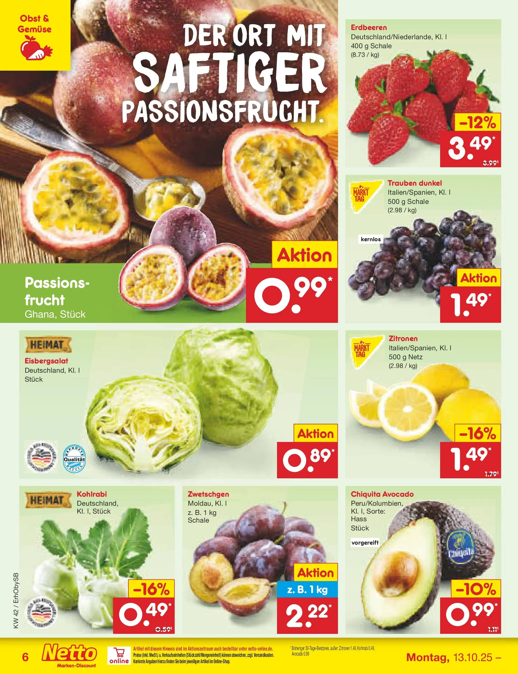 Netto Marken-Discount prospekt Mauern	 (ab 13.10.2025) » Angebote | Seite: 6 | Produkte: Eisbergsalat, Avocado, Gemüse, Erdbeeren