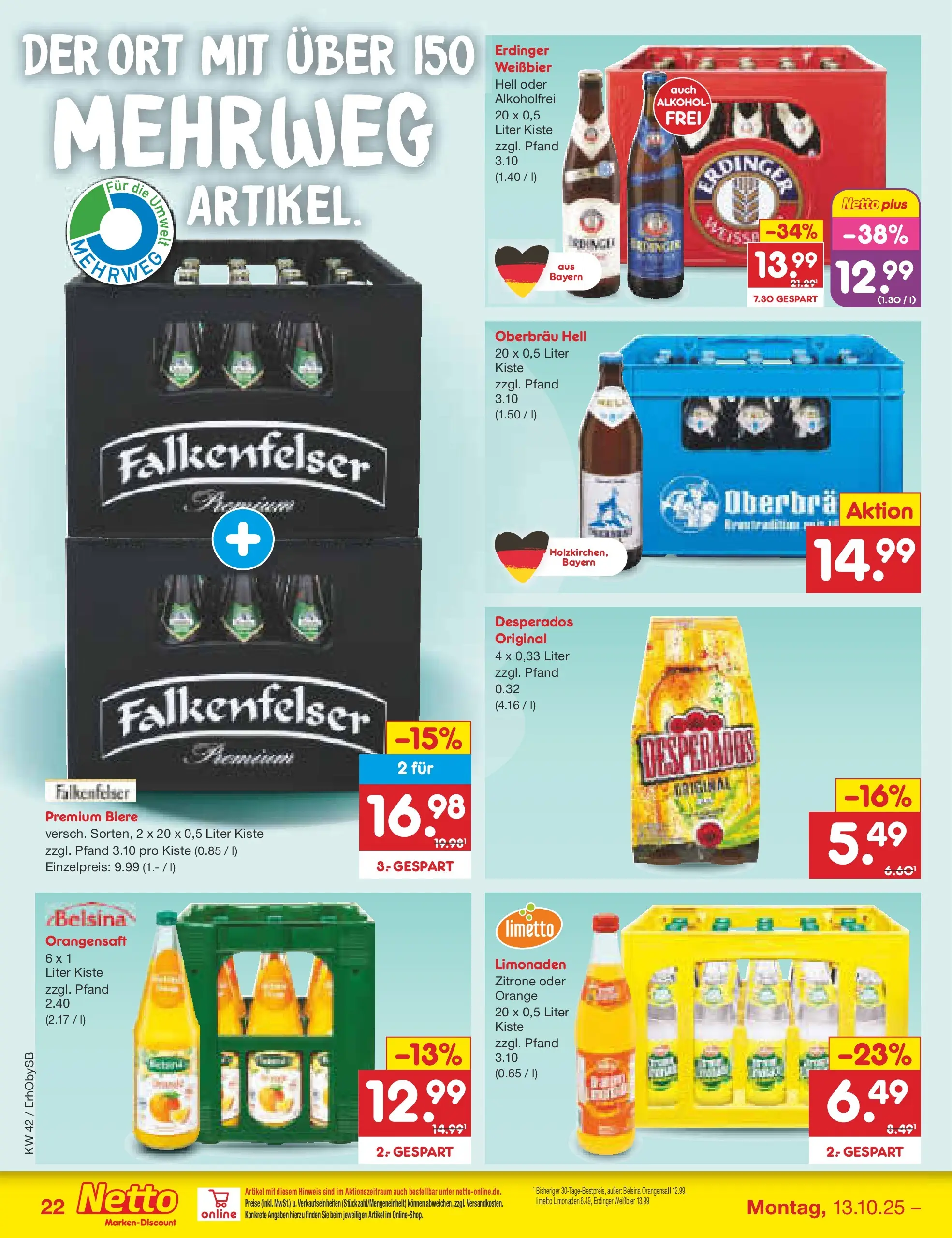 Netto Marken-Discount prospekt Mauern	 (ab 13.10.2025) » Angebote | Seite: 22 | Produkte: Erdinger, Orangensaft, Zitrone, Desperados
