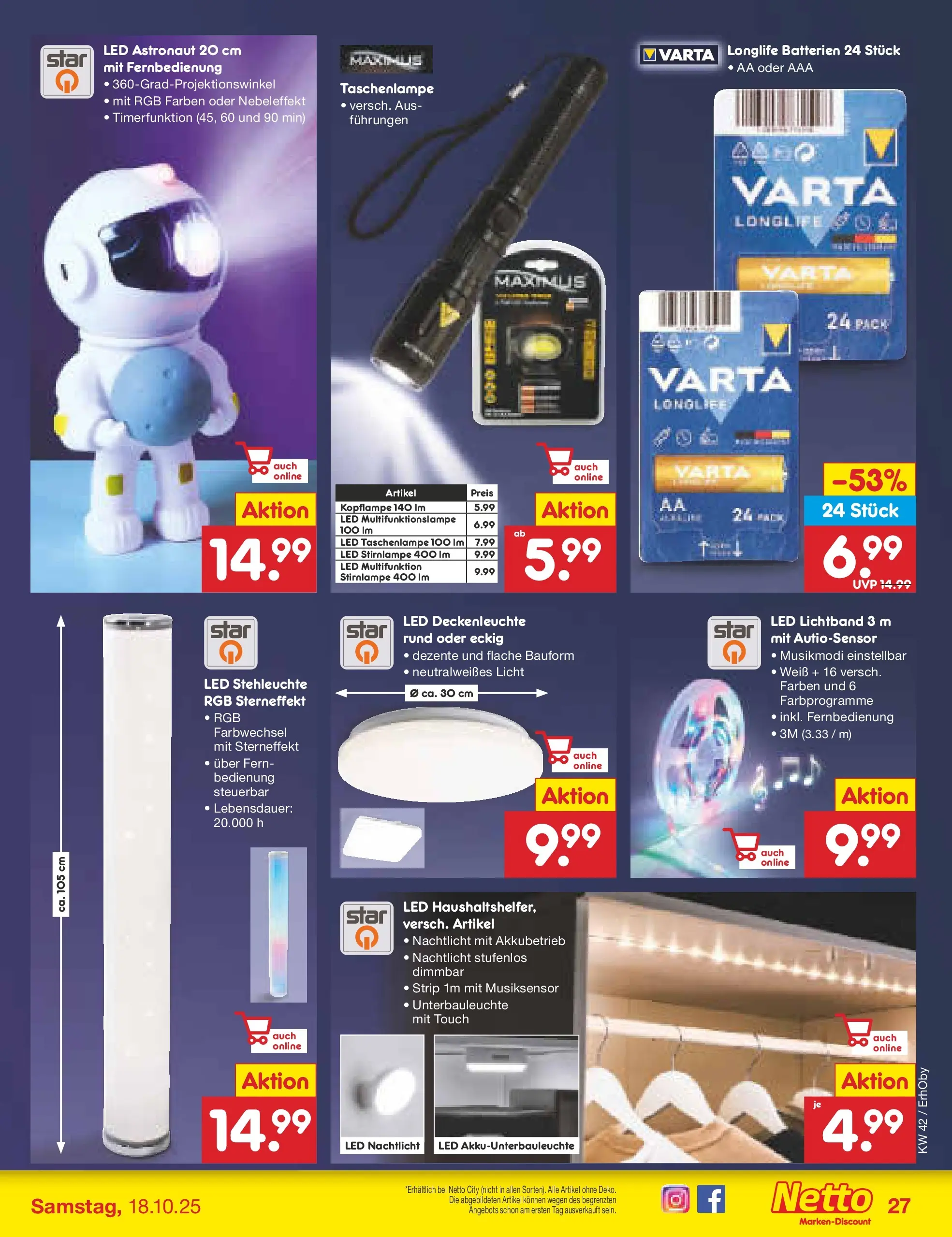 Netto Marken-Discount prospekt Mauern	 (ab 13.10.2025) » Angebote | Seite: 29 | Produkte: Batterien, Stirnlampe, Nachtlicht