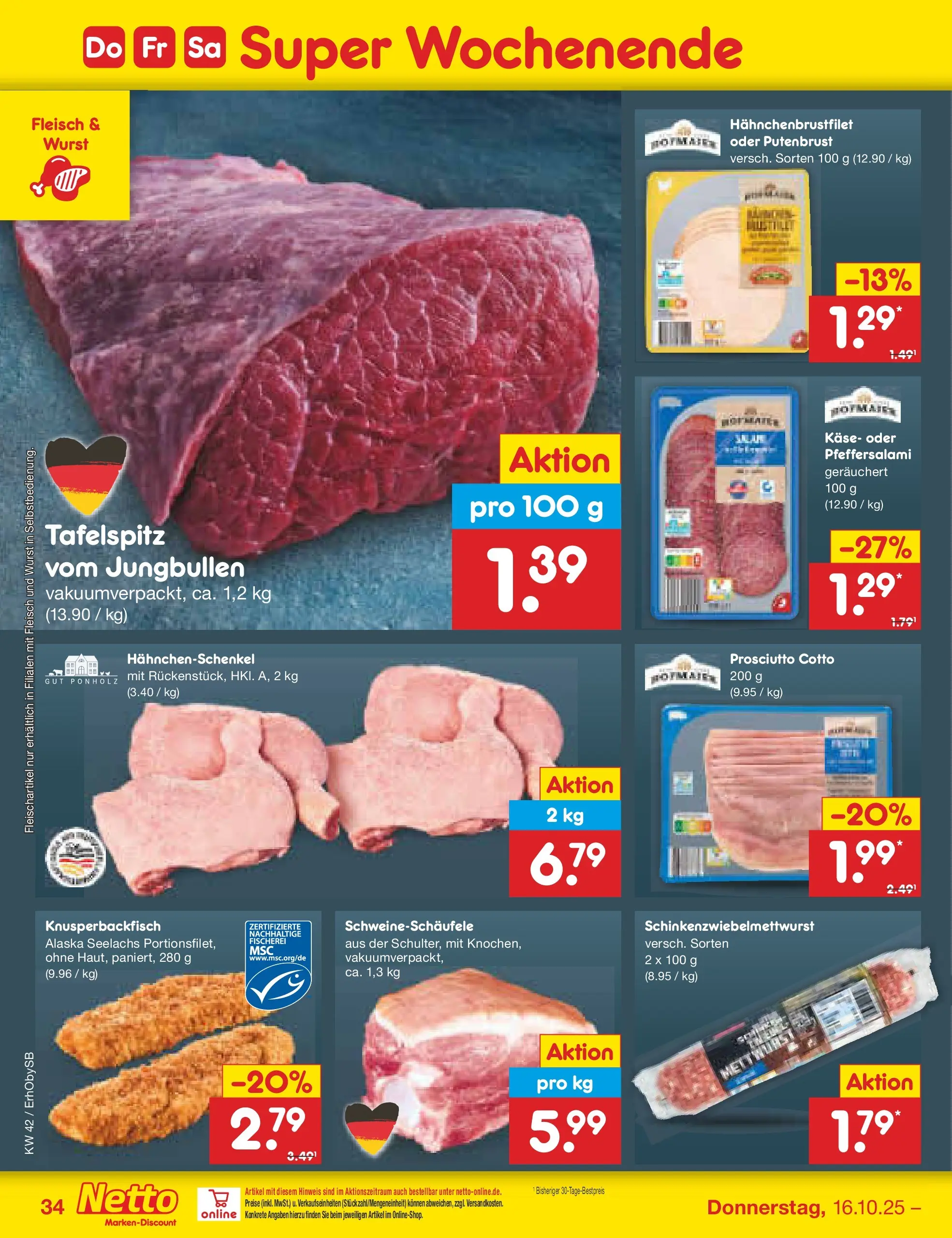Netto Marken-Discount prospekt Mauern	 (ab 13.10.2025) » Angebote | Seite: 38 | Produkte: Hahnchenschenkel, Käse, Wurst, Fleisch