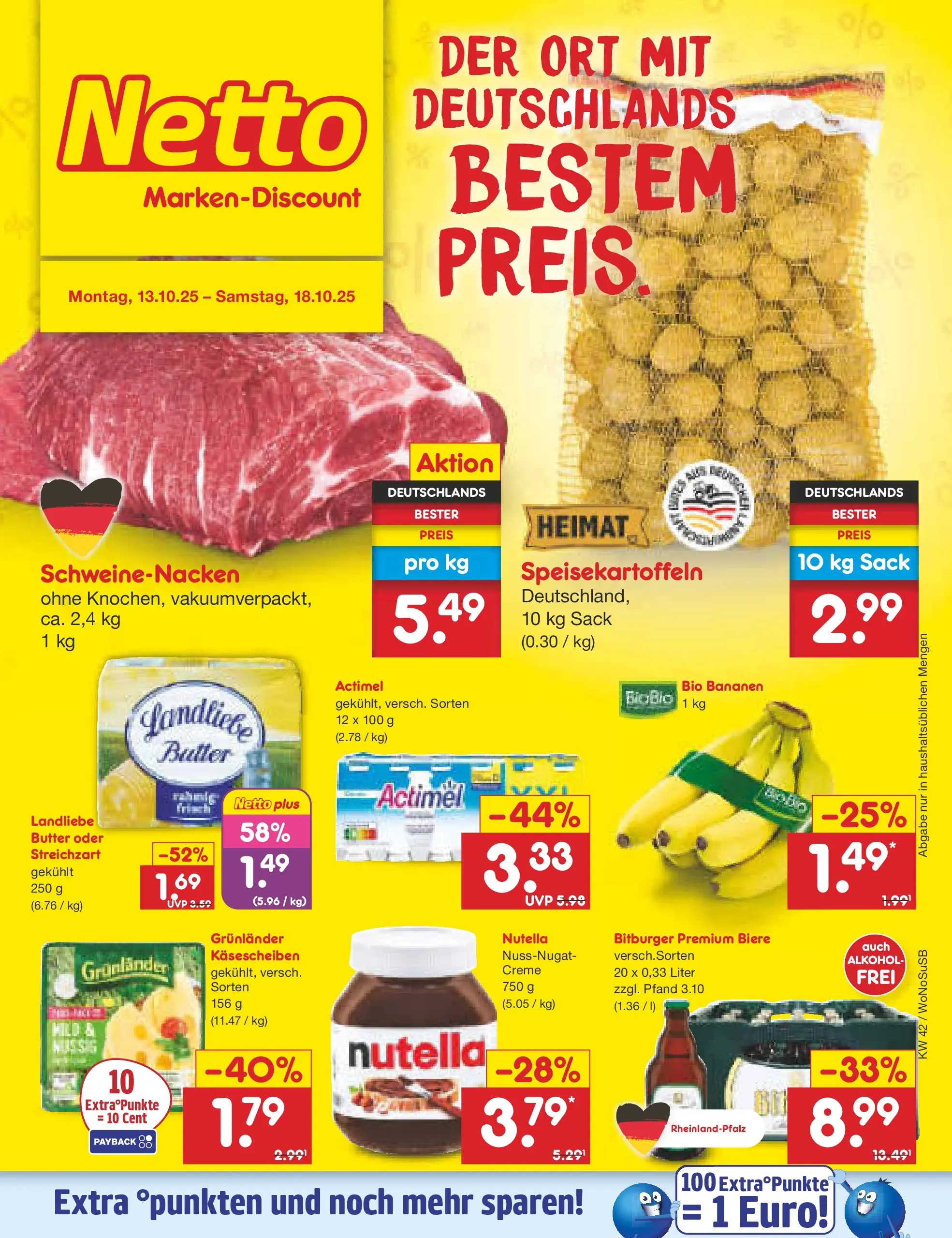 Netto Marken-Discount prospekt Rodgau	 (ab 13.10.2025) » Angebote | Seite: 1 | Produkte: Bitburger, Actimel, Schweinenacken, Creme