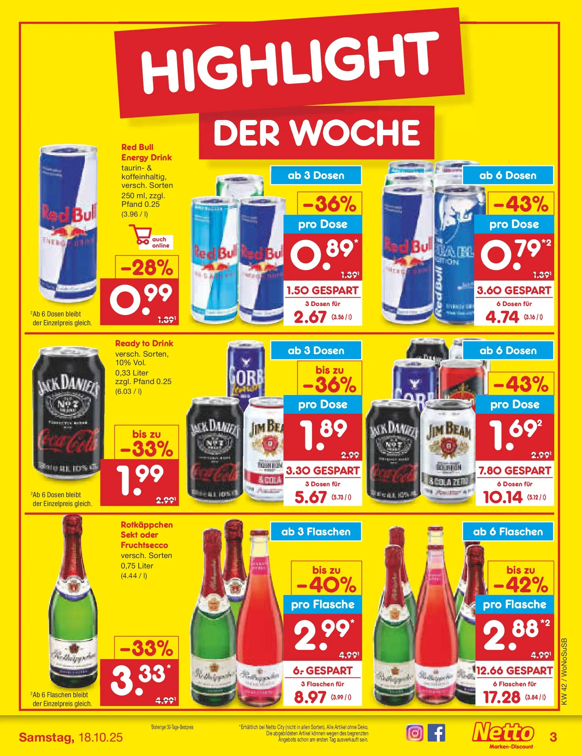 Netto Marken-Discount prospekt Rodgau	 (ab 13.10.2025) » Angebote | Seite: 3 | Produkte: Red bull, Coca cola, Jack Daniel's, Rotkäppchen