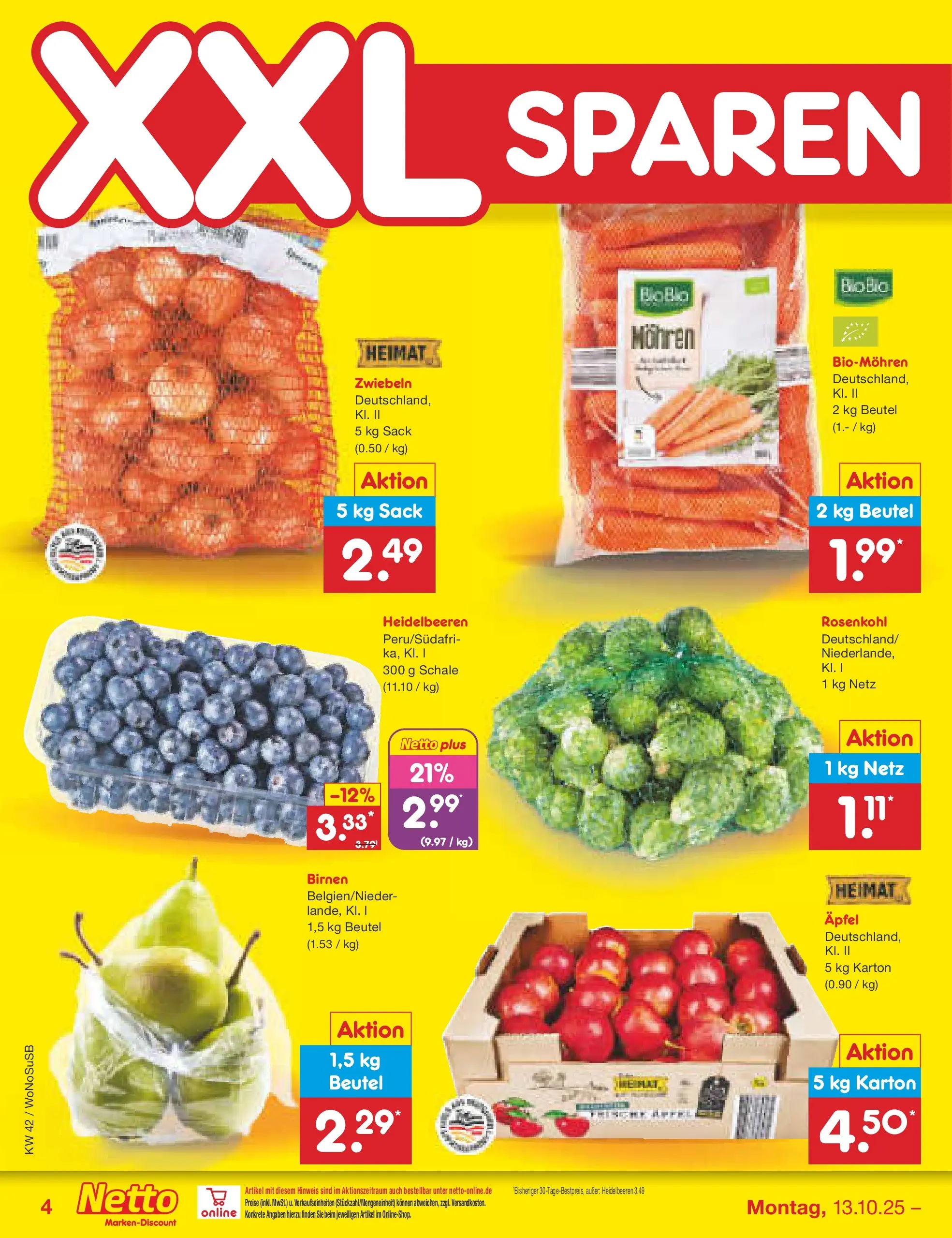 Netto Marken-Discount prospekt Rodgau	 (ab 13.10.2025) » Angebote | Seite: 4 | Produkte: Äpfel, Mohren, Heidelbeeren, Zwiebeln