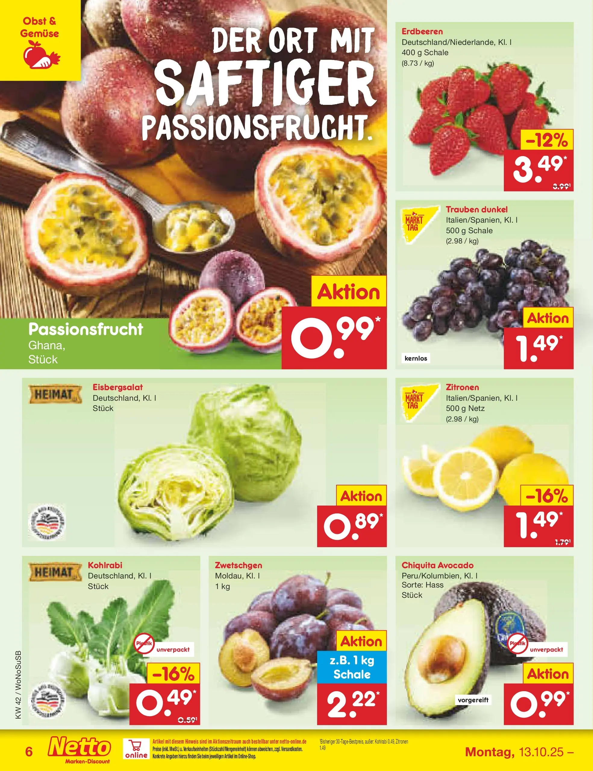 Netto Marken-Discount prospekt Rodgau	 (ab 13.10.2025) » Angebote | Seite: 6 | Produkte: Kohlrabi, Eisbergsalat, Avocado, Obst