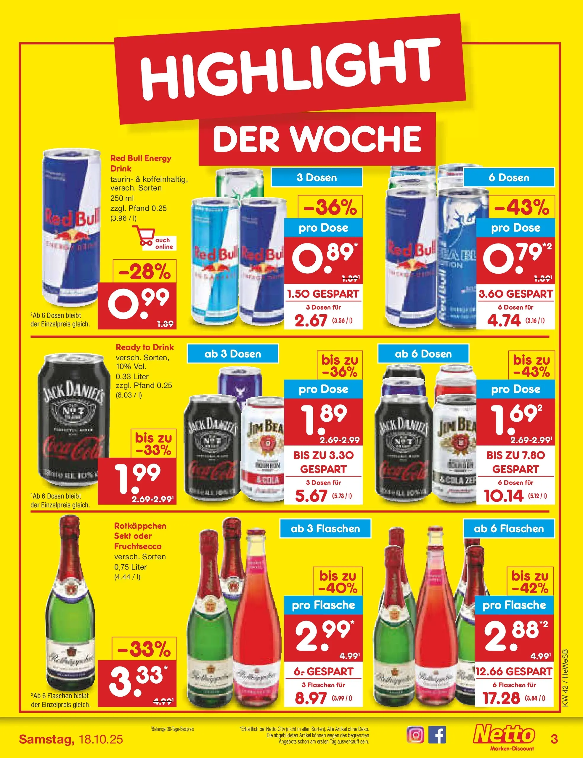 Netto Marken-Discount prospekt Brietlingen	 (ab 12.10.2025) » Angebote | Seite: 3 | Produkte: Red bull, Cola, Sekt, Jack Daniel's