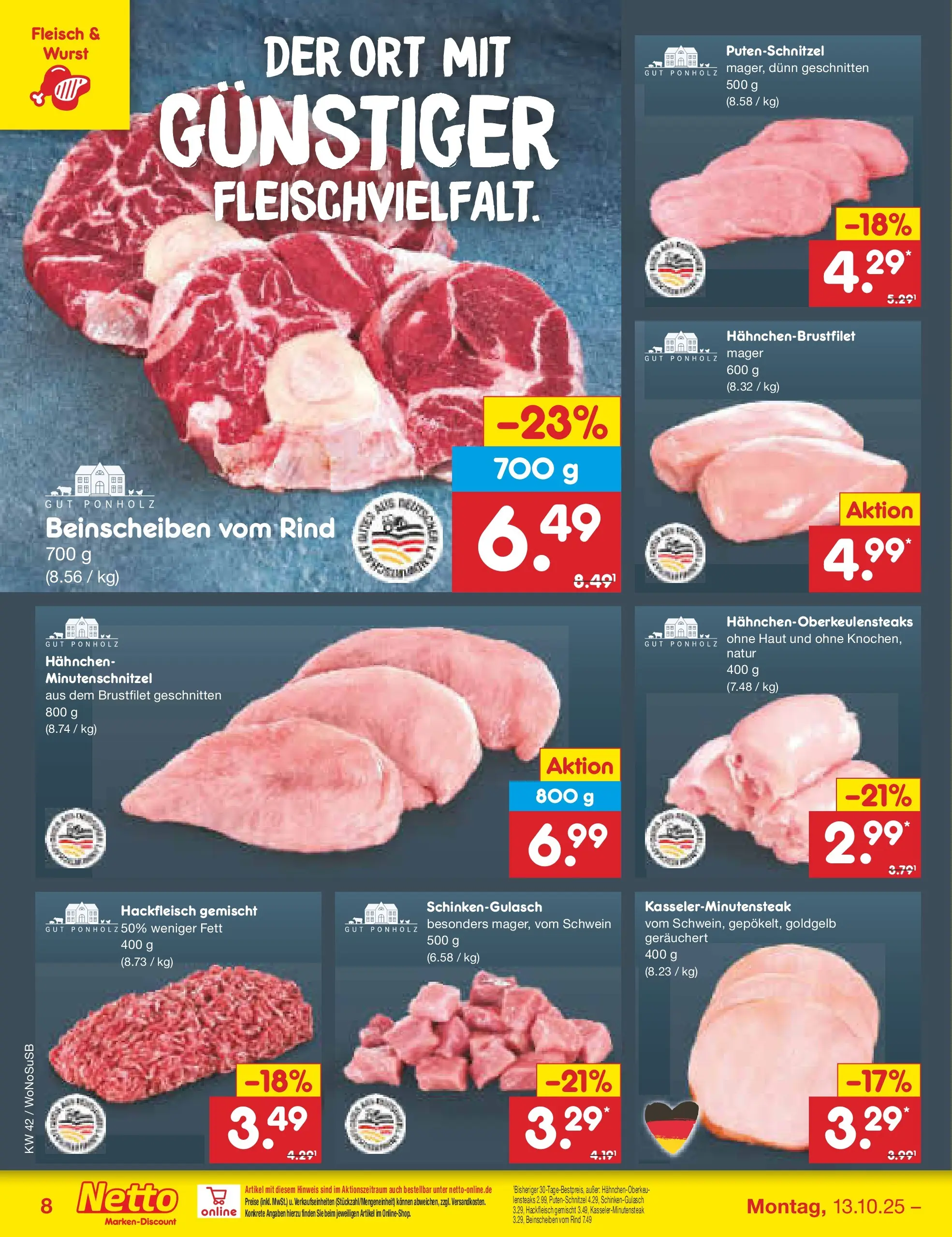 Netto Marken-Discount prospekt Rodgau	 (ab 13.10.2025) » Angebote | Seite: 8 | Produkte: Hahnchen, Putenschnitzel, Wurst, Fleisch