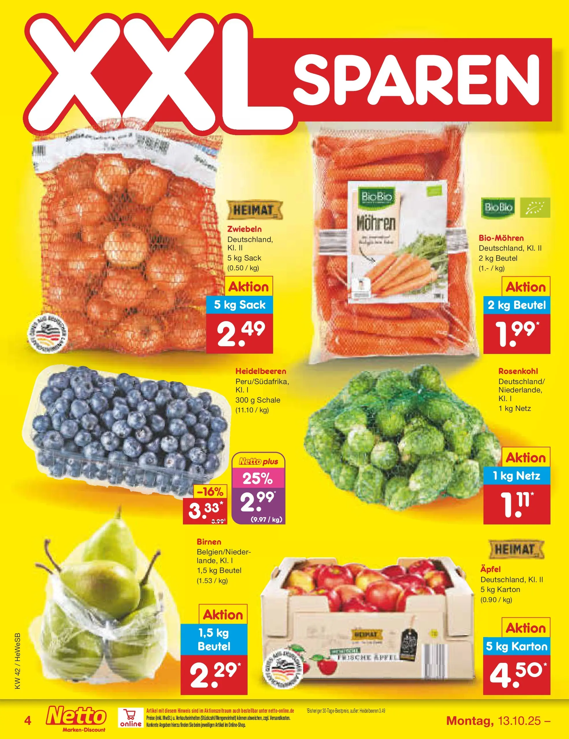 Netto Marken-Discount prospekt Brietlingen	 (ab 12.10.2025) » Angebote | Seite: 4 | Produkte: Äpfel, Mohren, Heidelbeeren, Zwiebeln