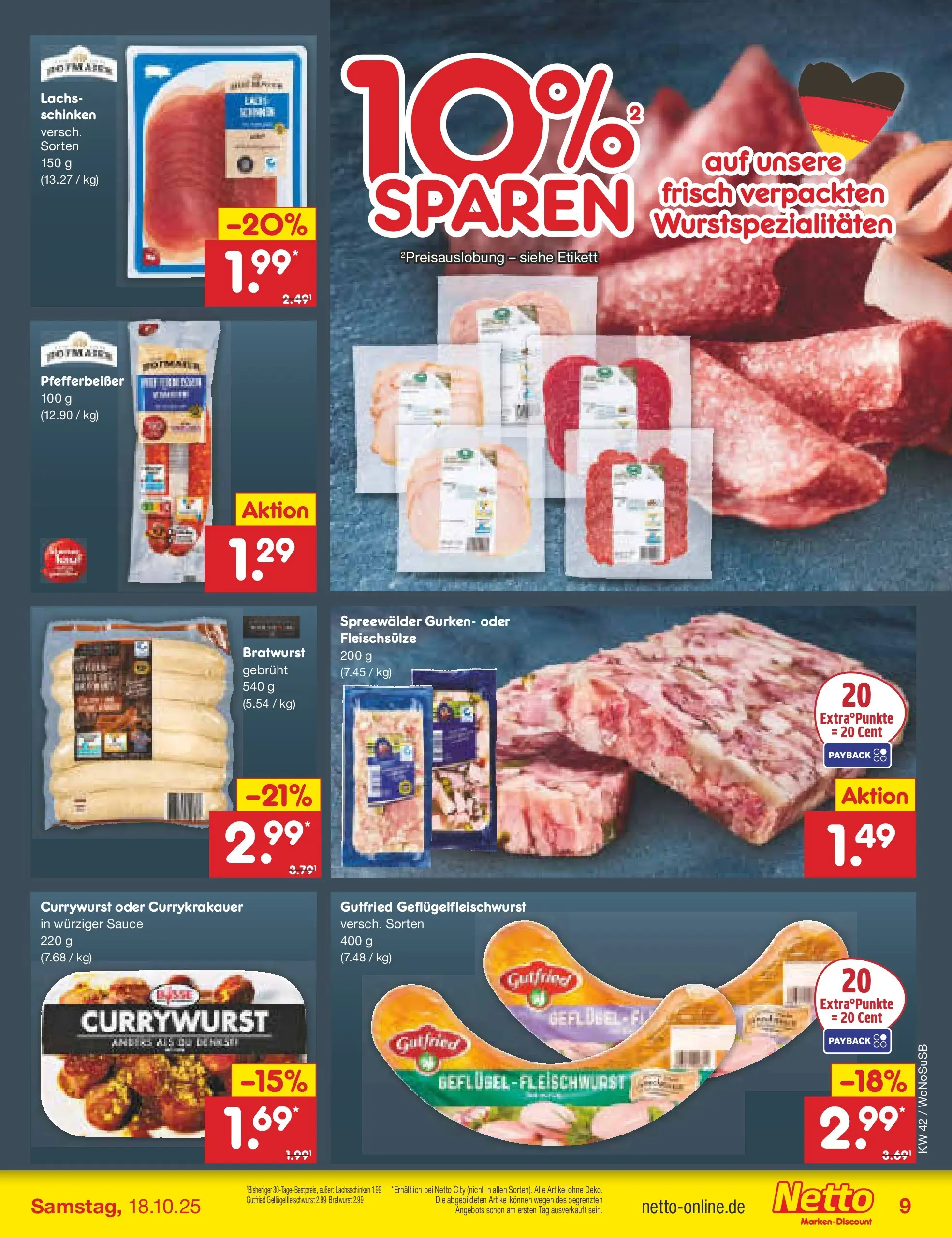 Netto Marken-Discount prospekt Rodgau	 (ab 13.10.2025) » Angebote | Seite: 9 | Produkte: Bratwurst, Lachs, Schinken, Gurken