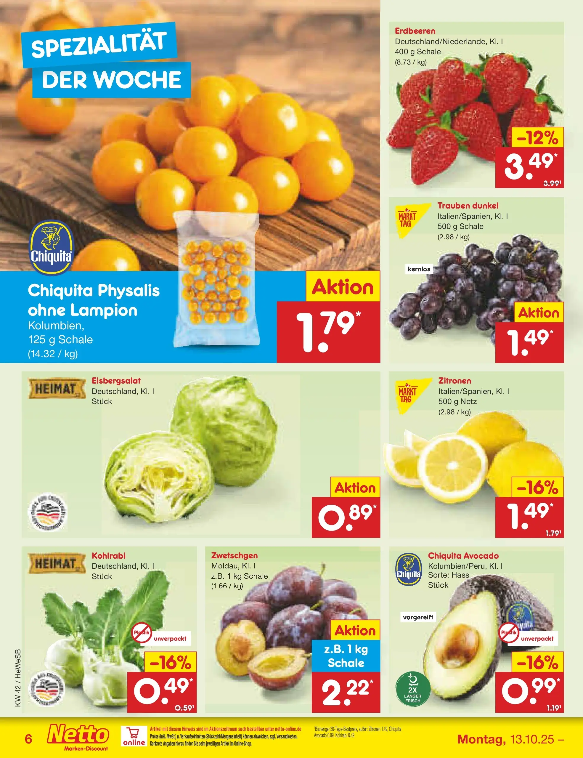 Netto Marken-Discount prospekt Brietlingen	 (ab 12.10.2025) » Angebote | Seite: 6 | Produkte: Trauben, Kohlrabi, Zwetschgen, Eisbergsalat