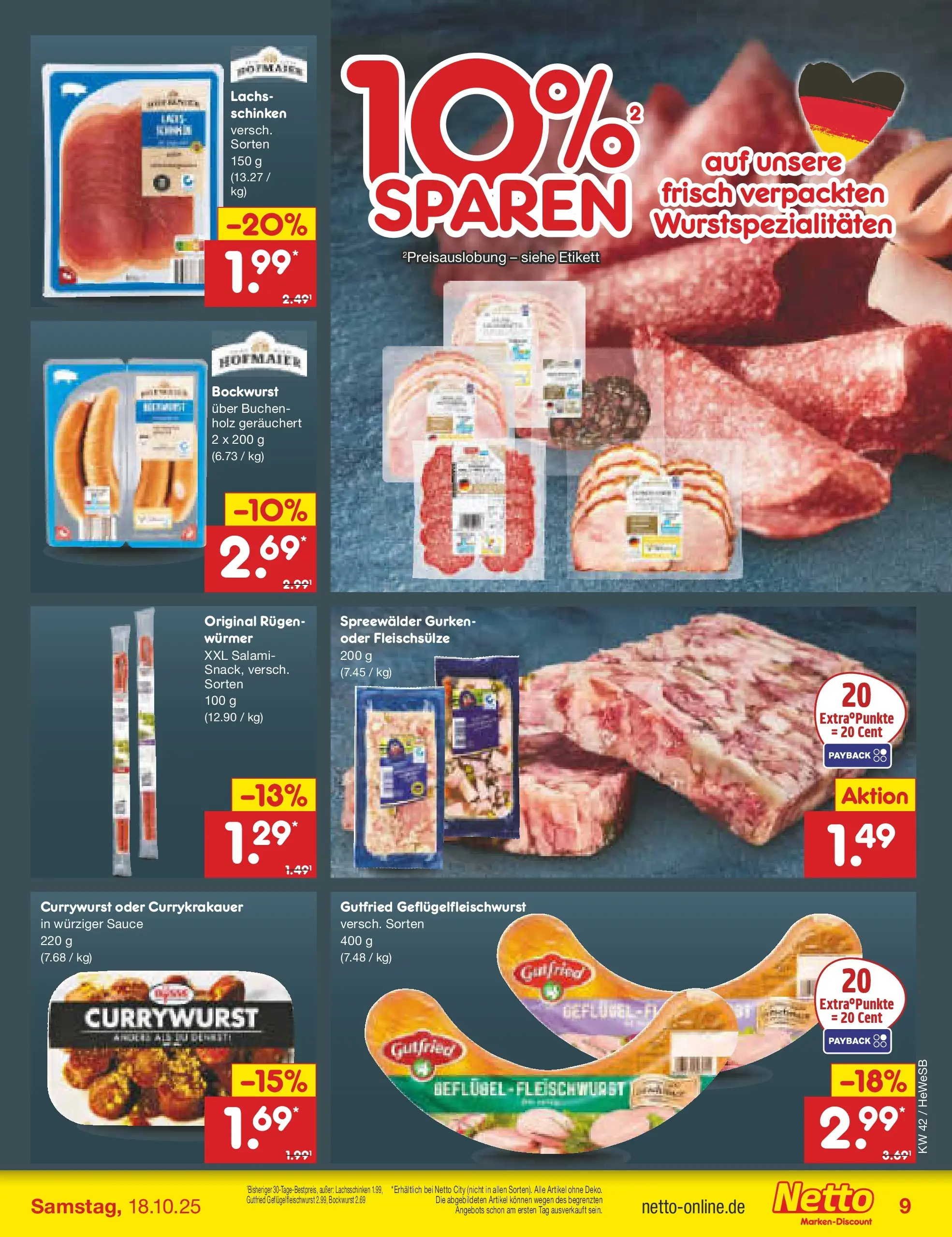 Netto Marken-Discount prospekt Brietlingen	 (ab 12.10.2025) » Angebote | Seite: 9 | Produkte: Bockwurst, Lachs, Salami, Schinken