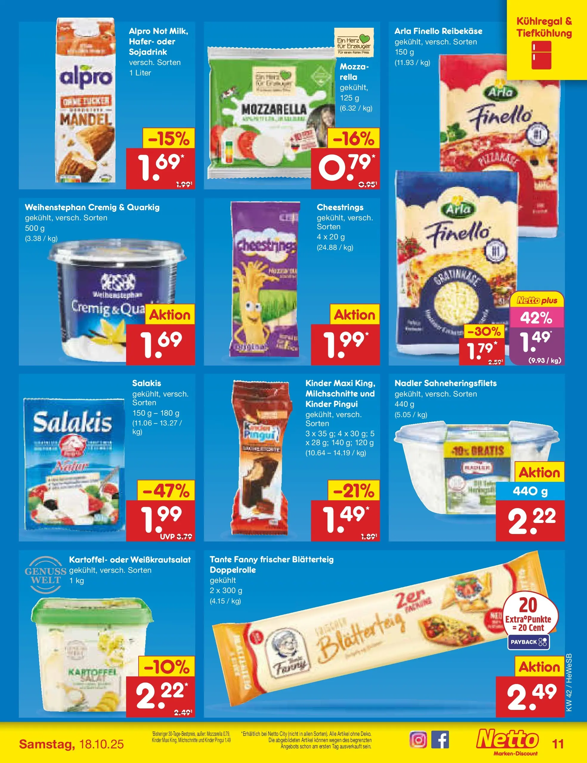 Netto Marken-Discount prospekt Brietlingen	 (ab 12.10.2025) » Angebote | Seite: 11 | Produkte: Mozzarella, Alpro, Salakis, Reibekase