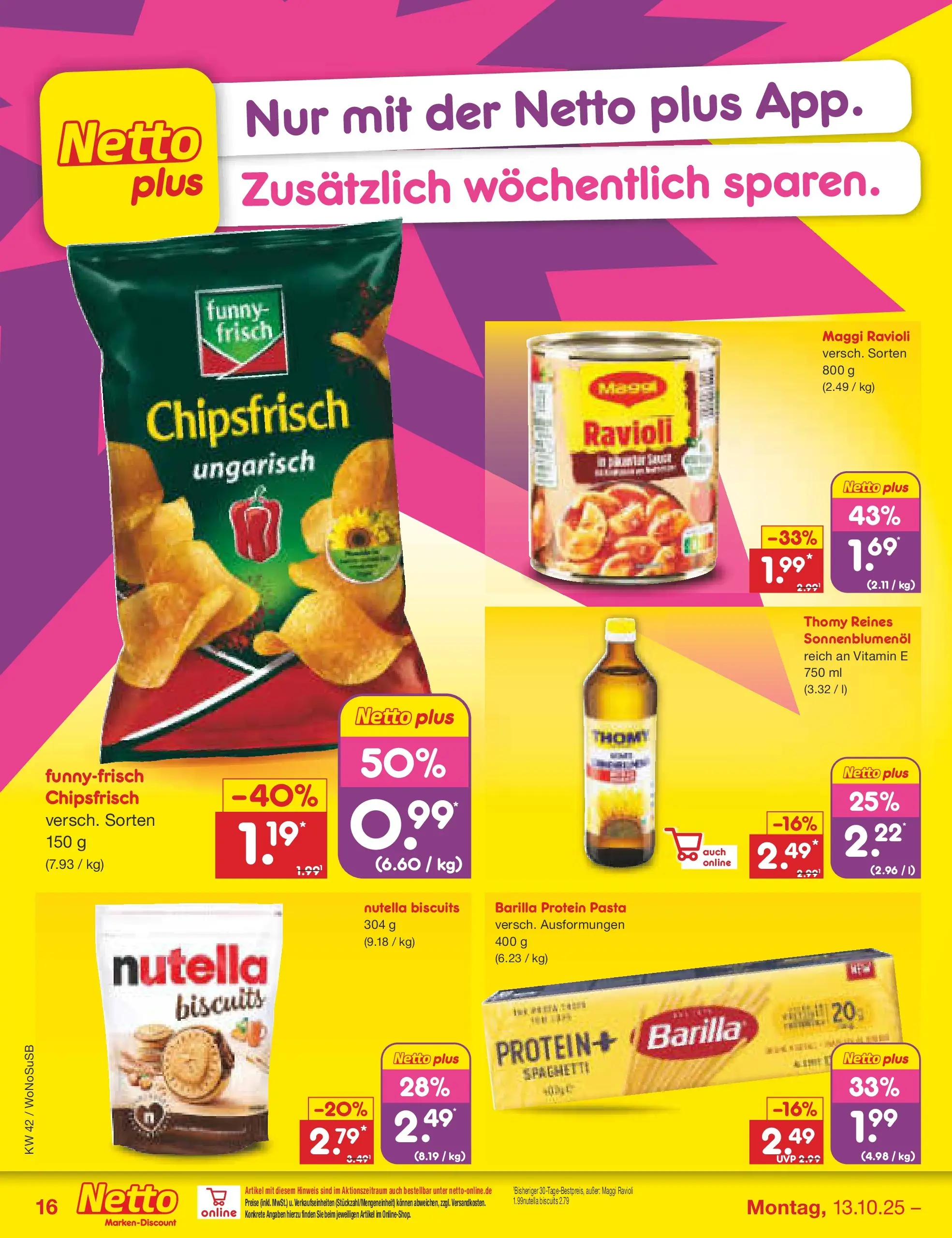 Netto Marken-Discount prospekt Rodgau	 (ab 13.10.2025) » Angebote | Seite: 16 | Produkte: Maggi, Barilla, Sonnenblumenol, Funny frisch