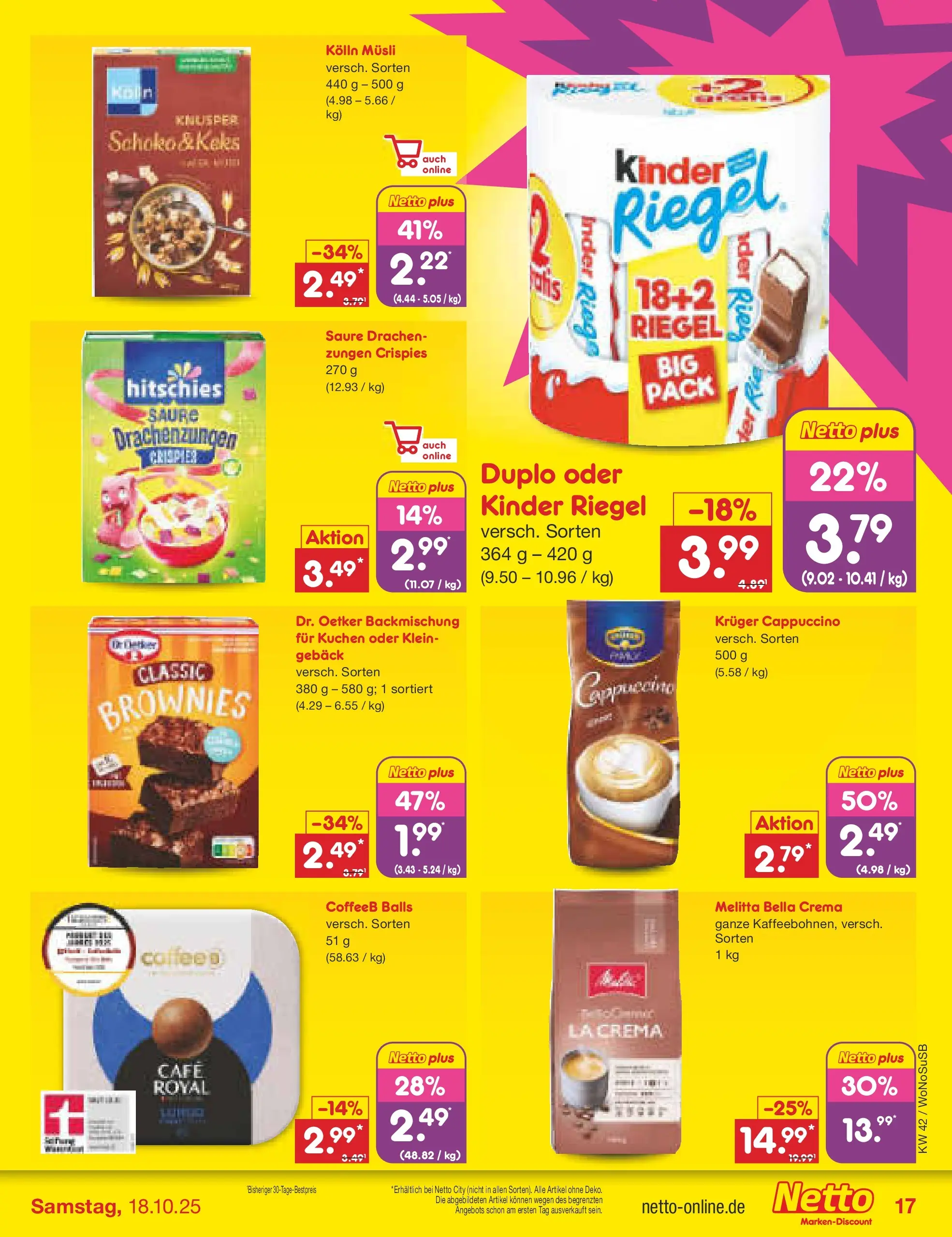 Netto Marken-Discount prospekt Rodgau	 (ab 13.10.2025) » Angebote | Seite: 17 | Produkte: Musli, Kolln musli, Kuchen, Kruger cappuccino