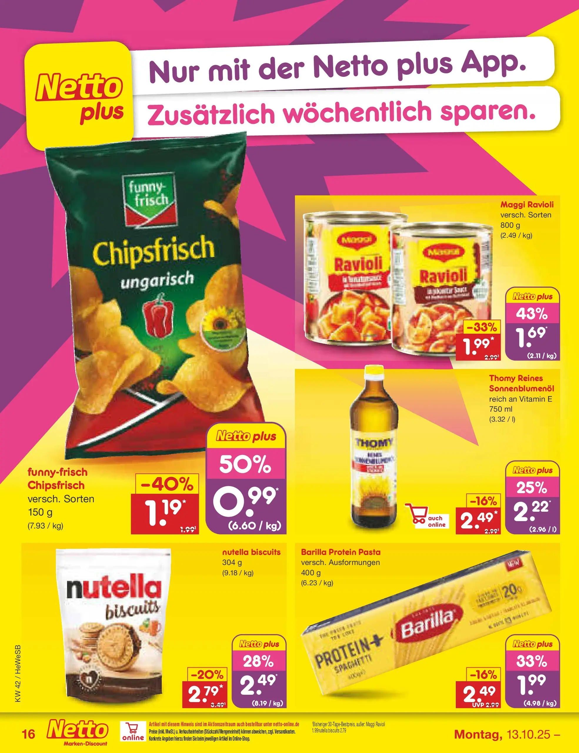 Netto Marken-Discount prospekt Brietlingen	 (ab 12.10.2025) » Angebote | Seite: 16 | Produkte: Maggi, Sonnenblumenol, Nutella, Pasta