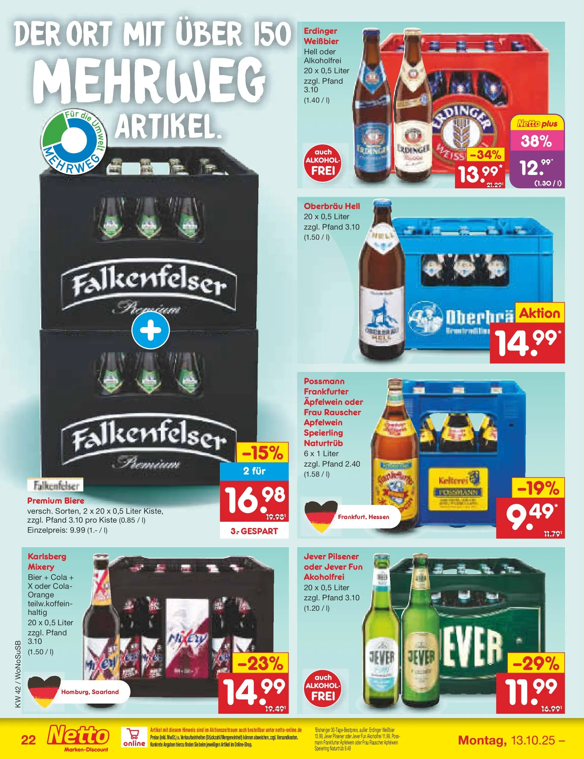 Netto Marken-Discount prospekt Rodgau	 (ab 13.10.2025) » Angebote | Seite: 22 | Produkte: Erdinger, Cola, Weißbier, Mixery
