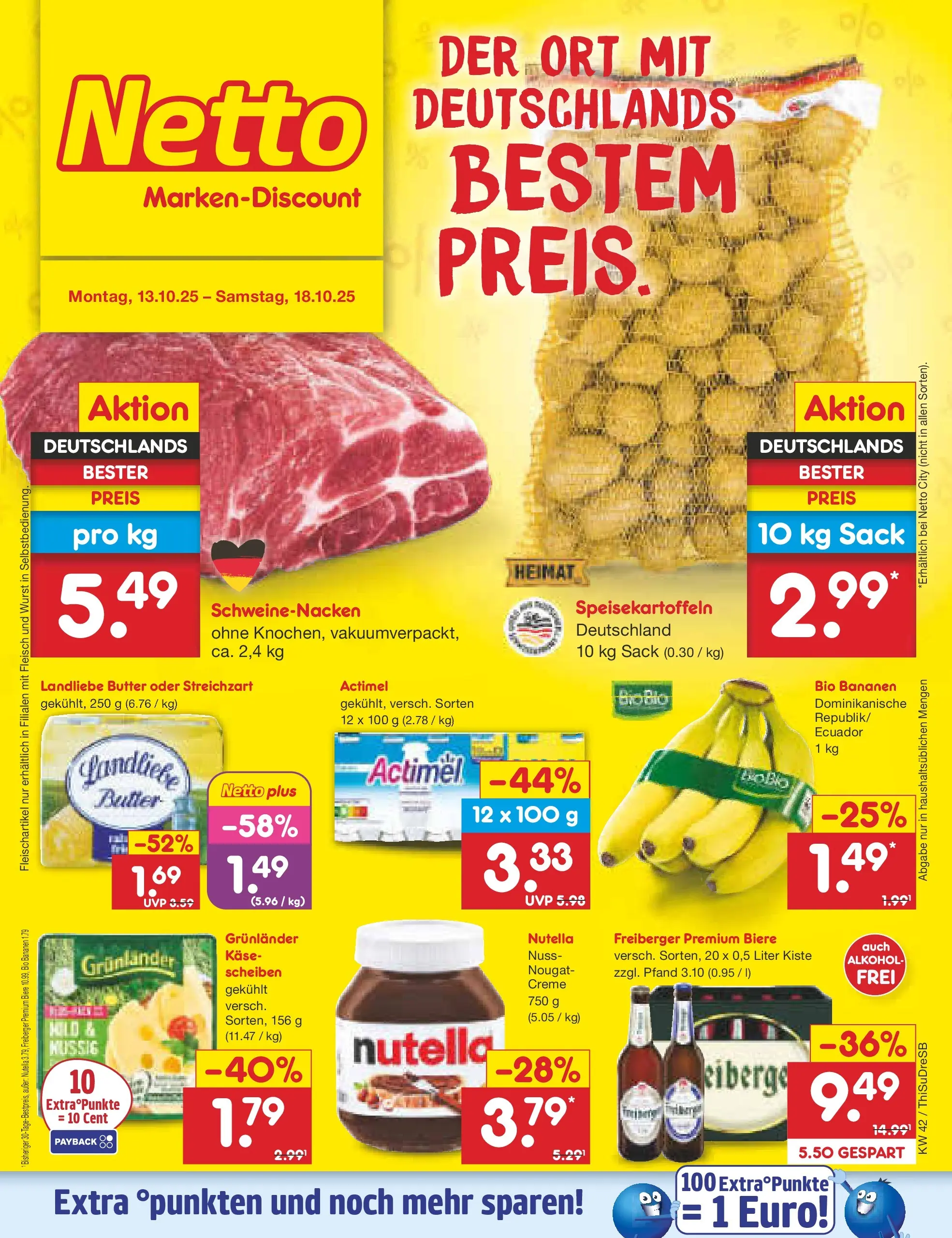 Netto Marken-Discount prospekt Dresden	 (ab 13.10.2025) » Angebote | Seite: 1 | Produkte: Actimel, Schweinenacken, Bananen, Grunlander