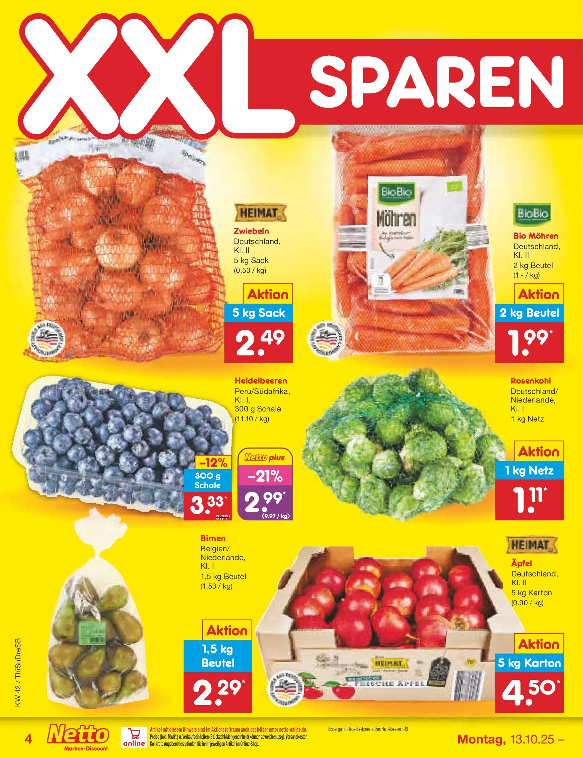 Netto Marken-Discount prospekt Dresden	 (ab 13.10.2025) » Angebote | Seite: 4 | Produkte: Äpfel, Mohren, Heidelbeeren, Zwiebeln