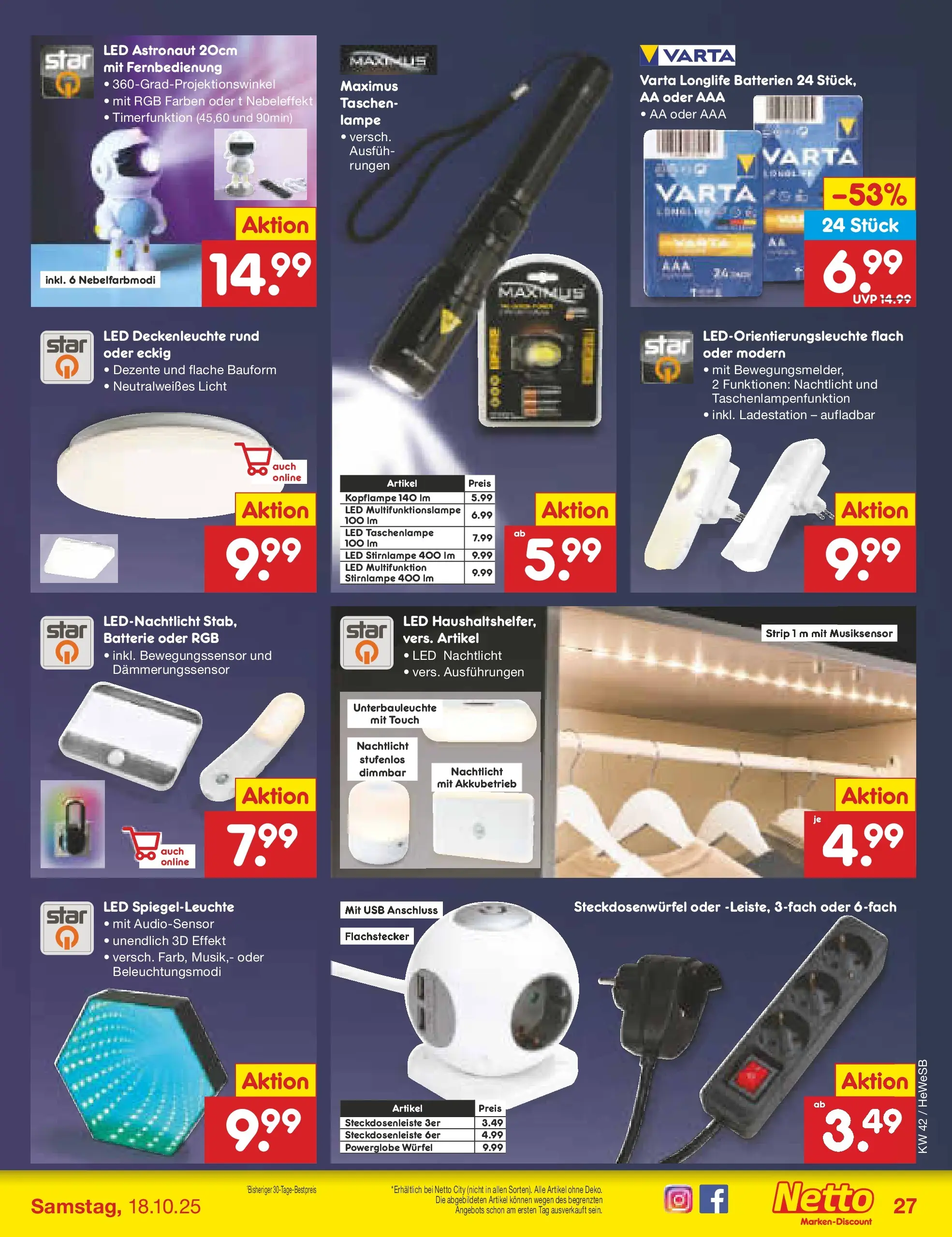 Netto Marken-Discount prospekt Brietlingen	 (ab 12.10.2025) » Angebote | Seite: 29 | Produkte: Batterie, Lampe, Stirnlampe, Nachtlicht