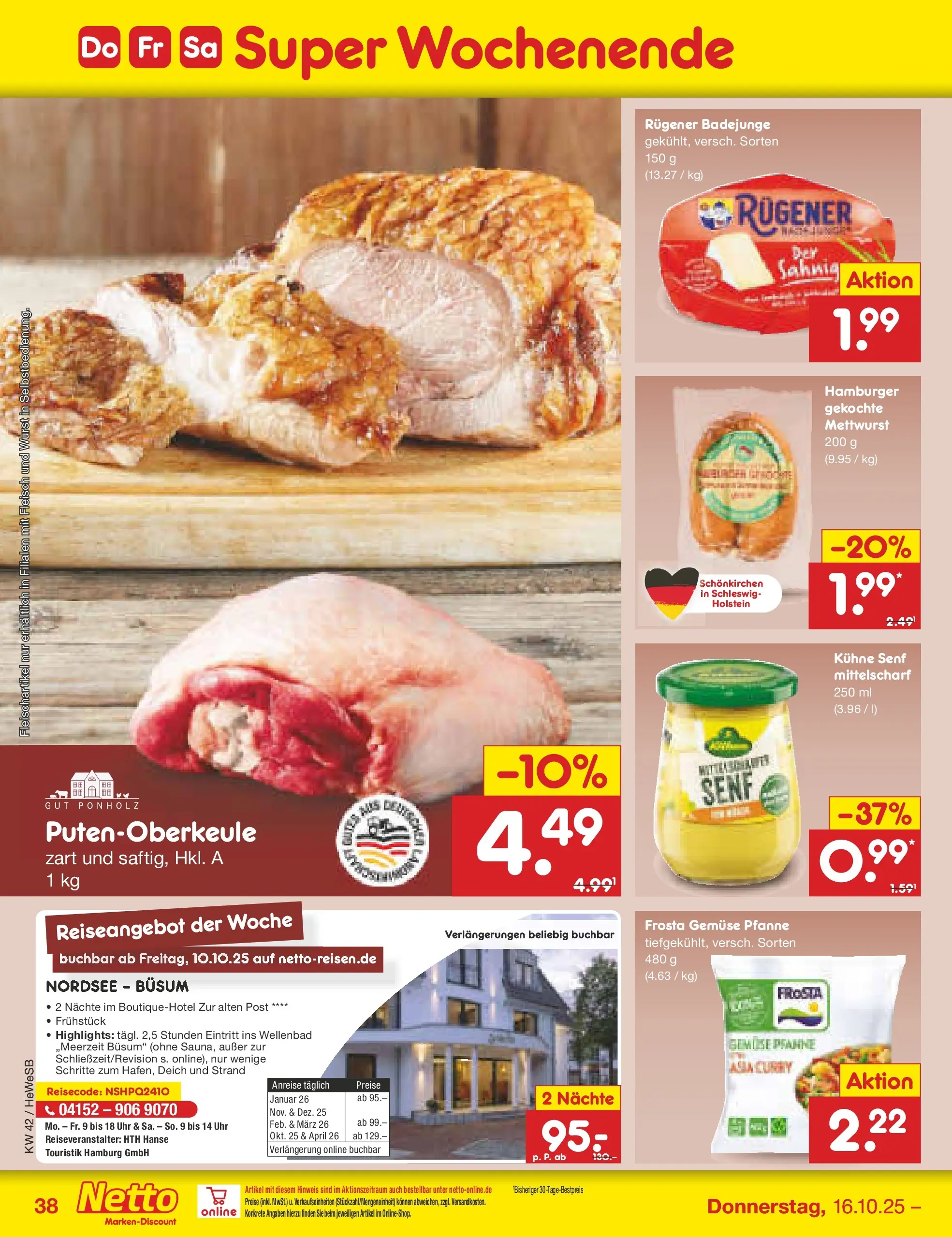 Netto Marken-Discount prospekt Brietlingen	 (ab 12.10.2025) » Angebote | Seite: 42 | Produkte: Frosta, Wurst, Fleisch, Uhr