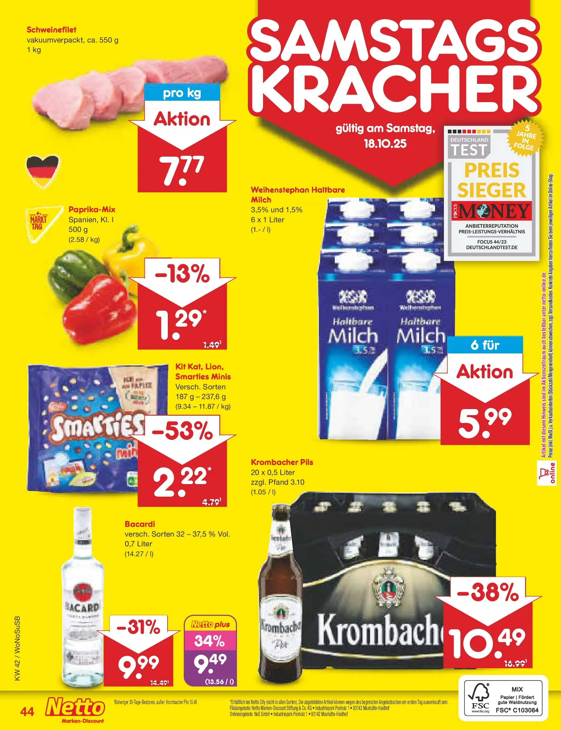 Netto Marken-Discount prospekt Rodgau	 (ab 13.10.2025) » Angebote | Seite: 48 | Produkte: Milch, Haltbare milch, Schweinefilet, Krombacher