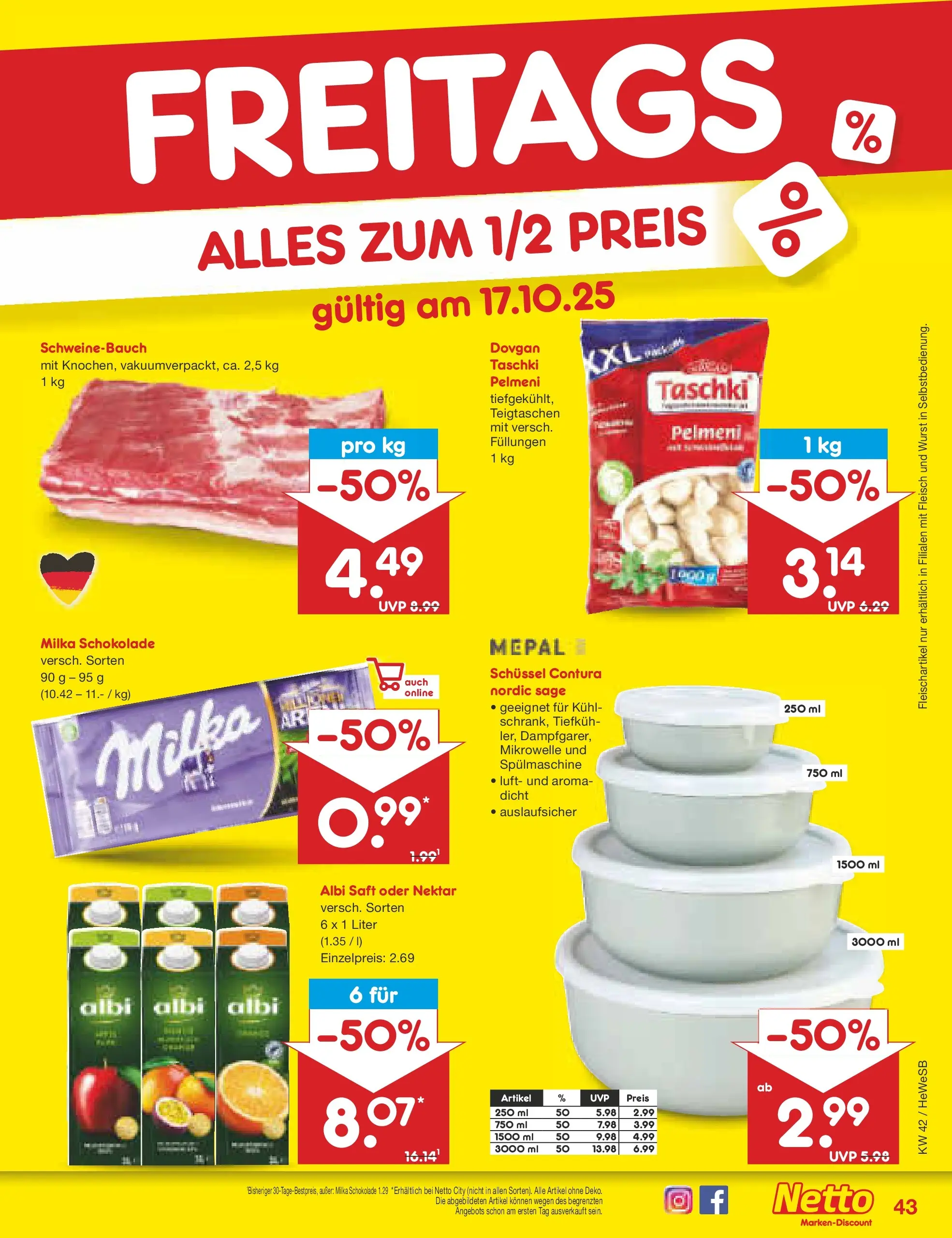 Netto Marken-Discount prospekt Brietlingen	 (ab 12.10.2025) » Angebote | Seite: 47 | Produkte: Mikrowelle, Milka schokolade, Saft, Fleisch