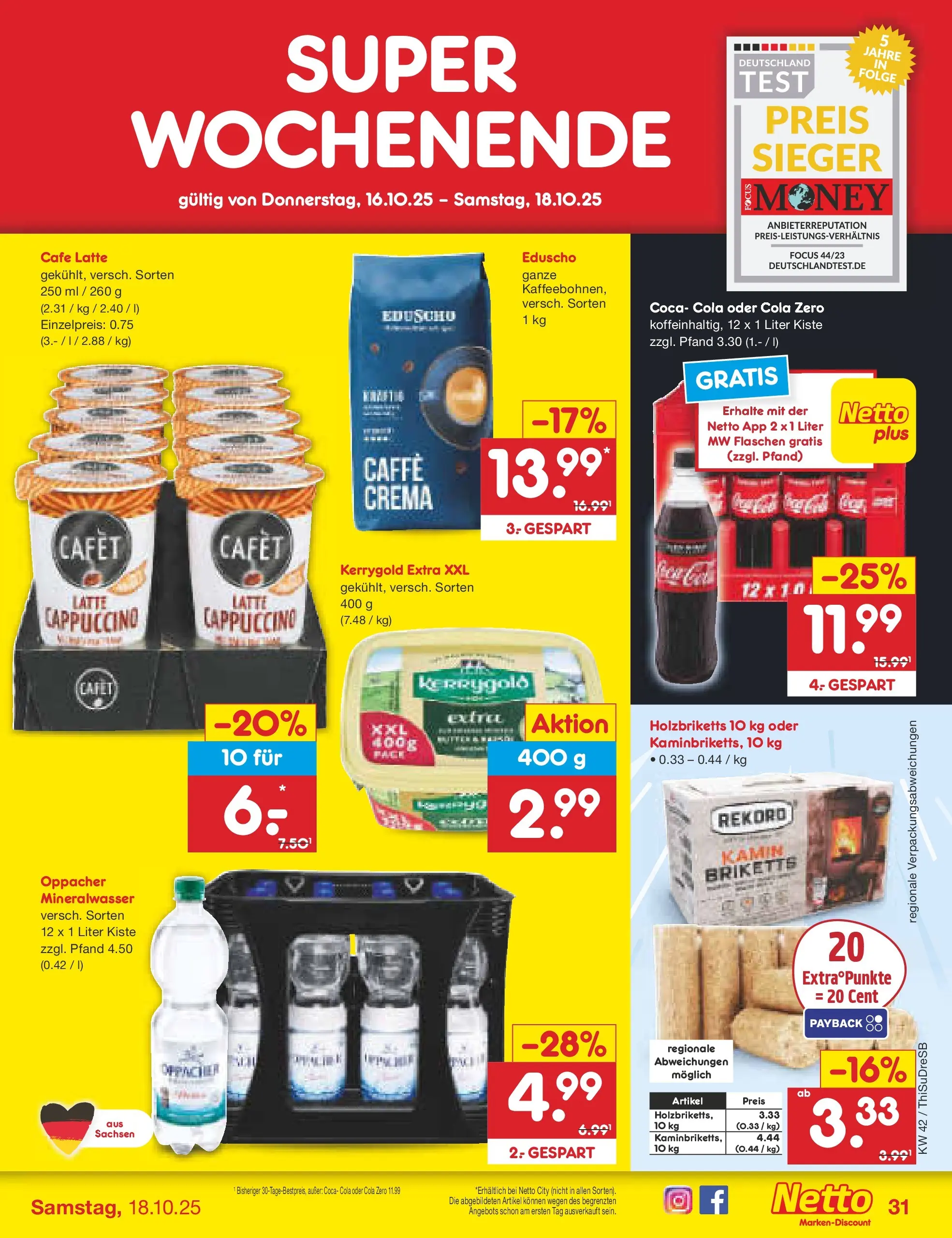 Netto Marken-Discount prospekt Dresden	 (ab 13.10.2025) » Angebote | Seite: 37 | Produkte: Coca cola, Cola, Mineralwasser, Eduscho