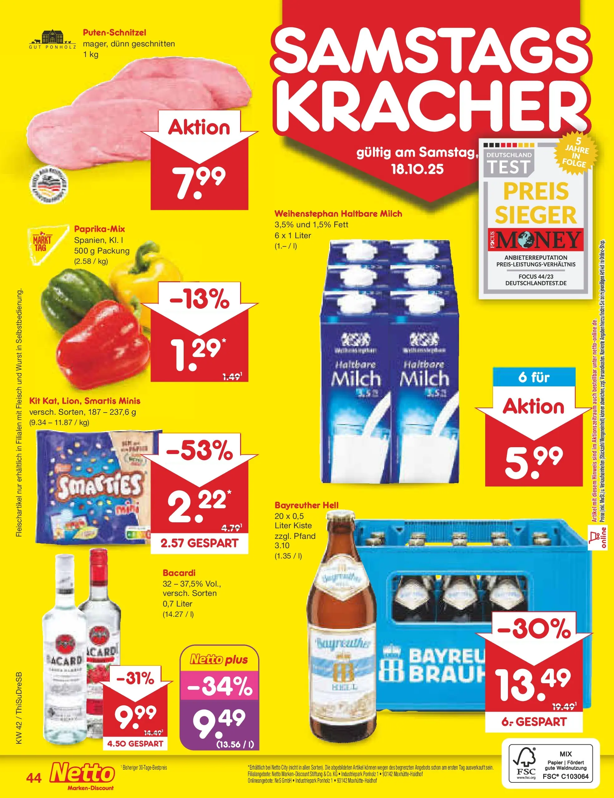 Netto Marken-Discount prospekt Dresden	 (ab 13.10.2025) » Angebote | Seite: 50 | Produkte: Milch, Smarties, Putenschnitzel, Wurst