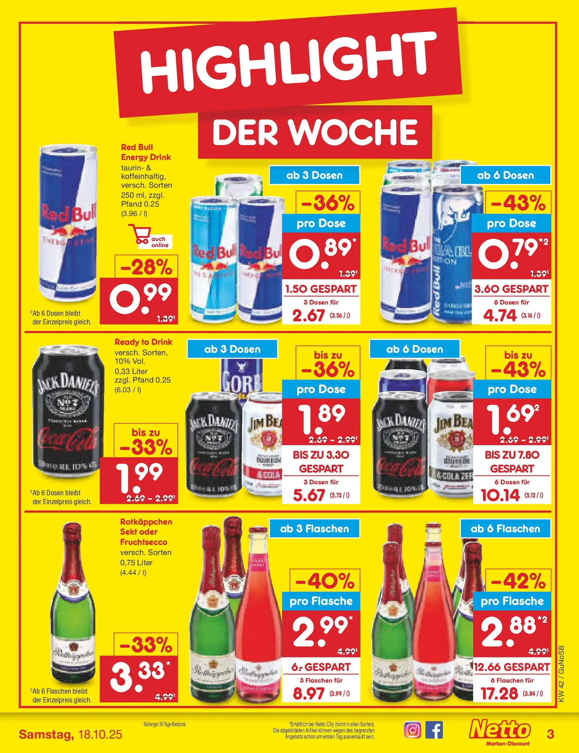 Netto Marken-Discount prospekt Machern	 (ab 13.10.2025) » Angebote | Seite: 3 | Produkte: Red bull, Jack Daniel's, Fruchtsecco, Rotkäppchen