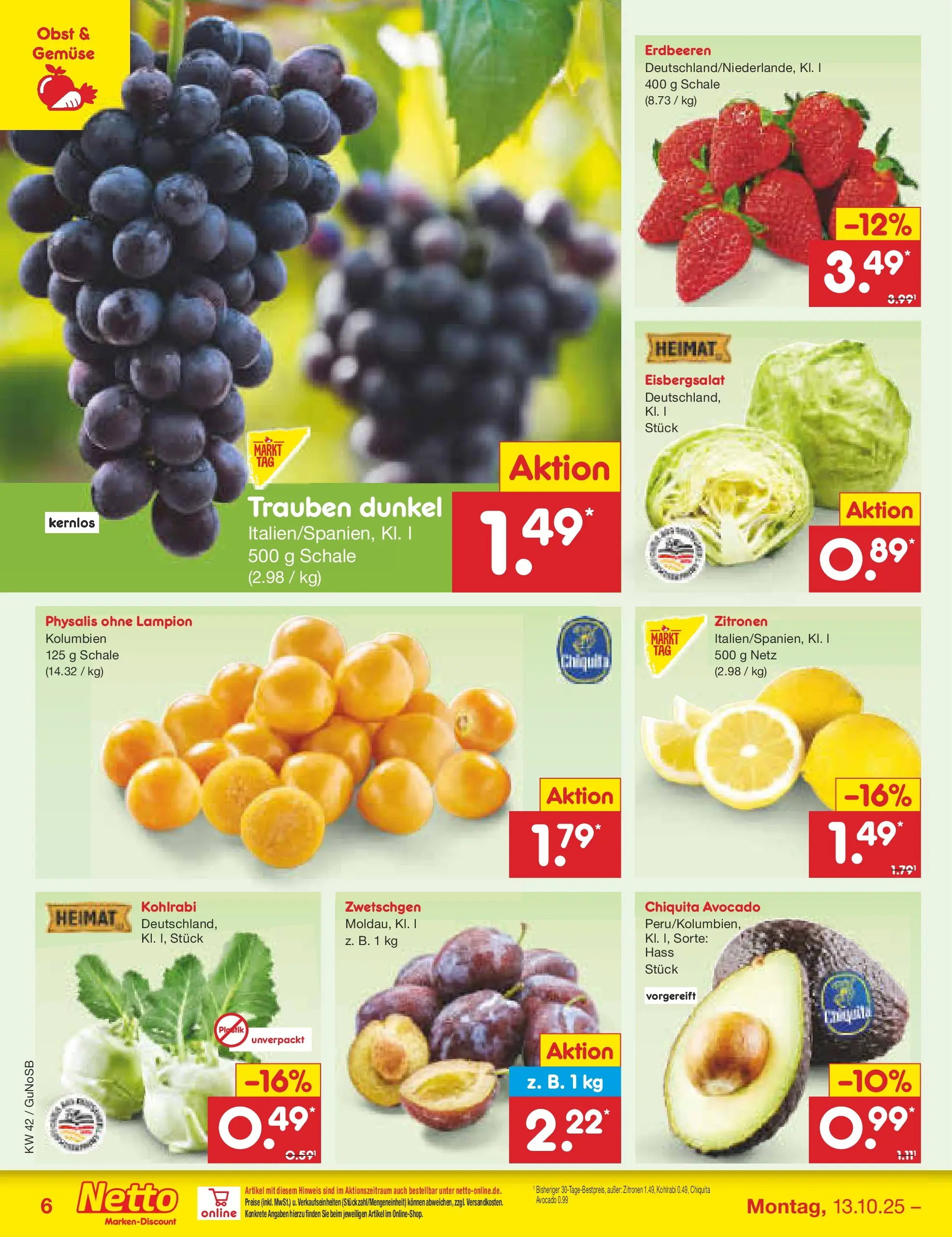 Netto Marken-Discount prospekt Machern	 (ab 13.10.2025) » Angebote | Seite: 6 | Produkte: Trauben, Zwetschgen, Obst, Zitronen
