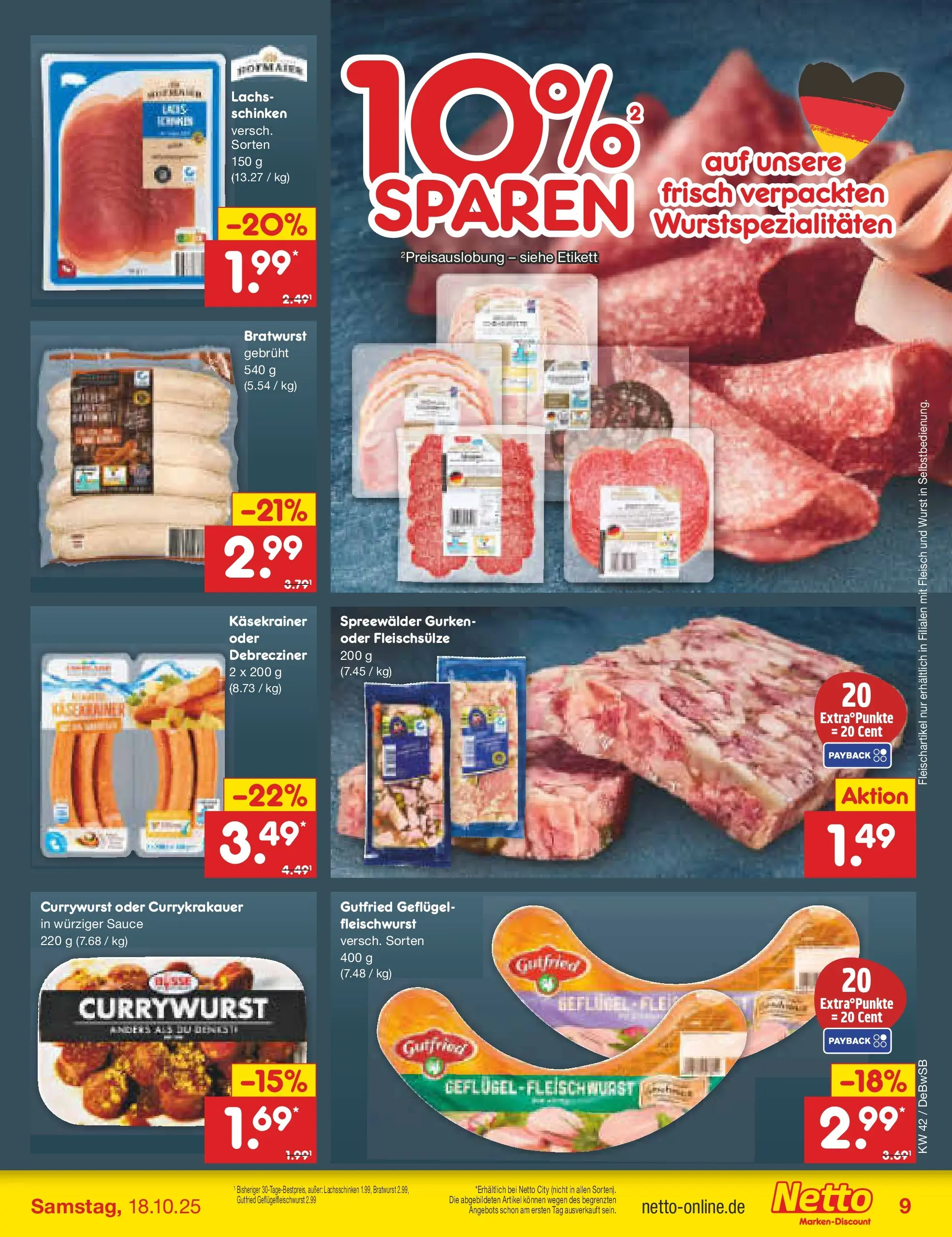 Netto Marken-Discount prospekt Waiblingen-Bittenfeld (ab 13.10.2025) » Angebote | Seite: 9 | Produkte: Bratwurst, Schinken, Fleisch, Gurken Netto Marken-Discount prospekt Waiblingen-Bittenfeld (ab 13.10.2025) » Angebote | Seite: 9 | Produkte: Bratwurst, Schinken, Fleisch, Gurken