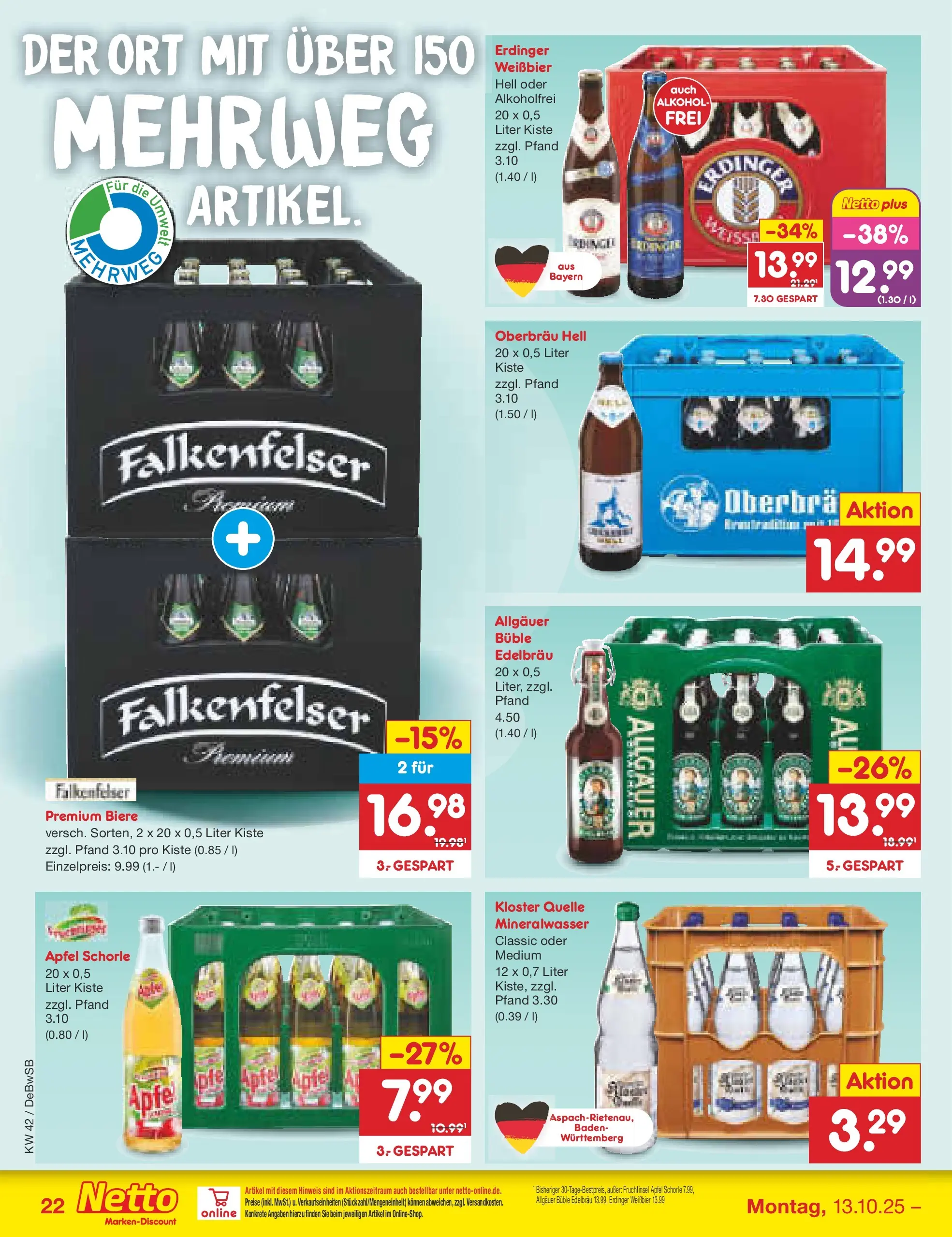 Netto Marken-Discount prospekt Waiblingen-Bittenfeld (ab 13.10.2025) » Angebote | Seite: 22 | Produkte: Erdinger, Weißbier, Äpfel, Mineralwasser Netto Marken-Discount prospekt Waiblingen-Bittenfeld (ab 13.10.2025) » Angebote | Seite: 22 | Produkte: Erdinger, Weißbier, Äpfel, Mineralwasser