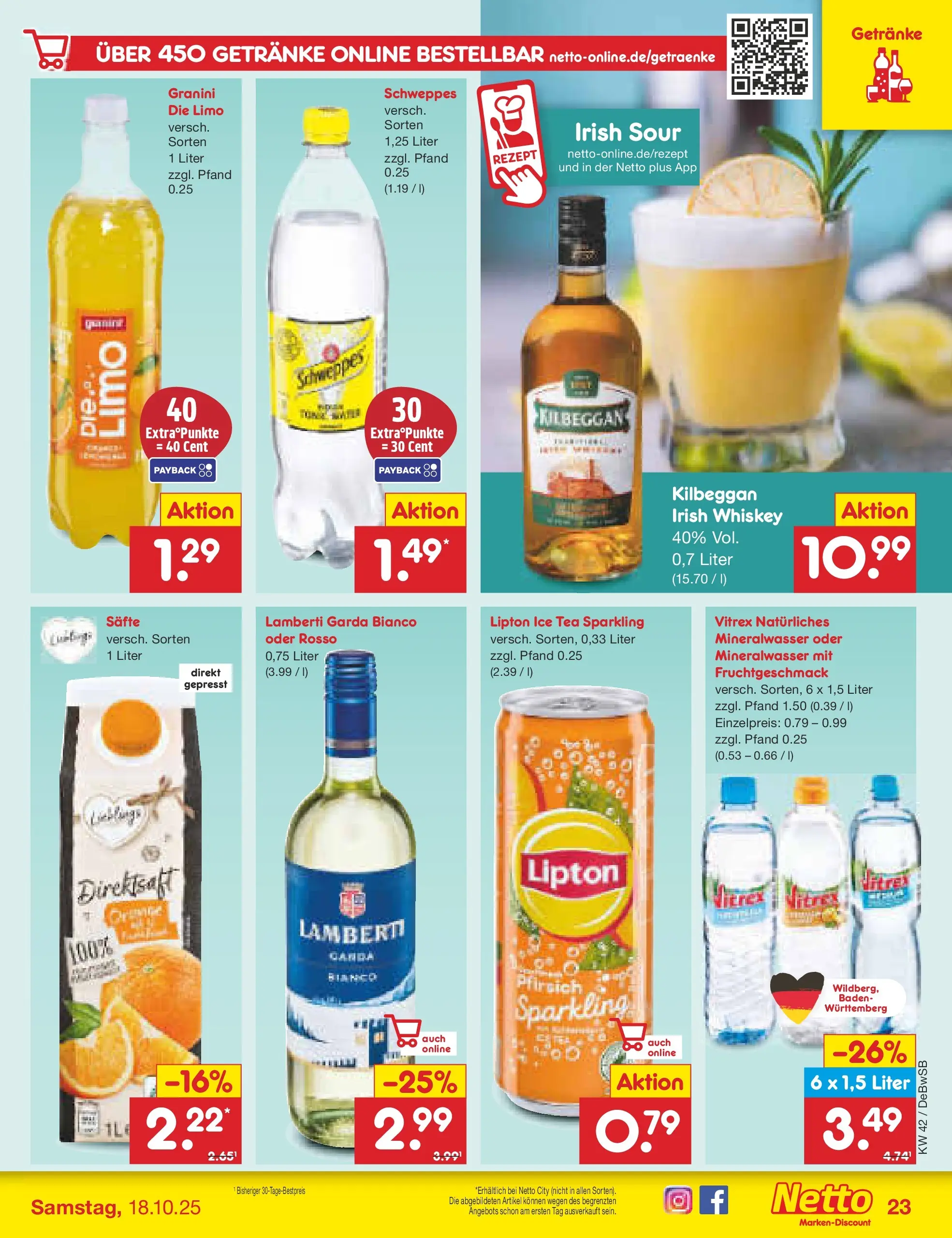 Netto Marken-Discount prospekt Waiblingen-Bittenfeld (ab 13.10.2025) » Angebote | Seite: 23 | Produkte: Mineralwasser, Pfirsich, Granini, Whiskey Netto Marken-Discount prospekt Waiblingen-Bittenfeld (ab 13.10.2025) » Angebote | Seite: 23 | Produkte: Mineralwasser, Pfirsich, Granini, Whiskey