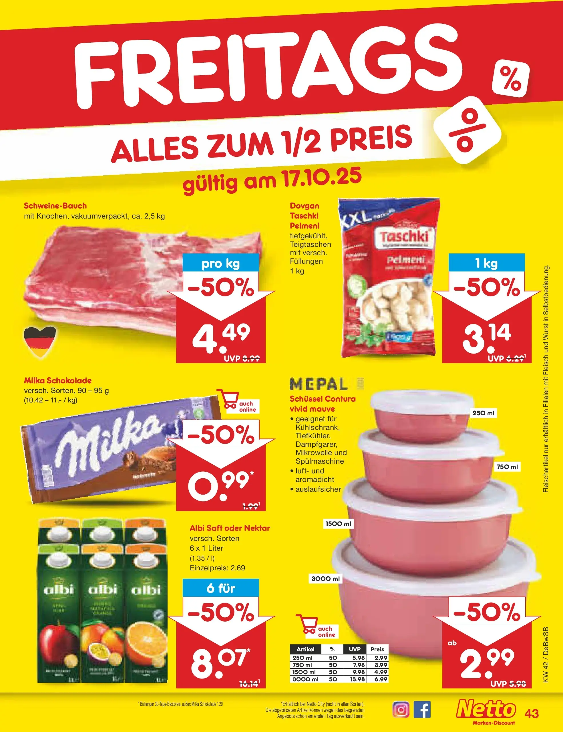 Netto Marken-Discount prospekt Waiblingen-Bittenfeld (ab 13.10.2025) » Angebote | Seite: 47 | Produkte: Mikrowelle, Schweinebauch, Milka, Saft Netto Marken-Discount prospekt Waiblingen-Bittenfeld (ab 13.10.2025) » Angebote | Seite: 47 | Produkte: Mikrowelle, Schweinebauch, Milka, Saft