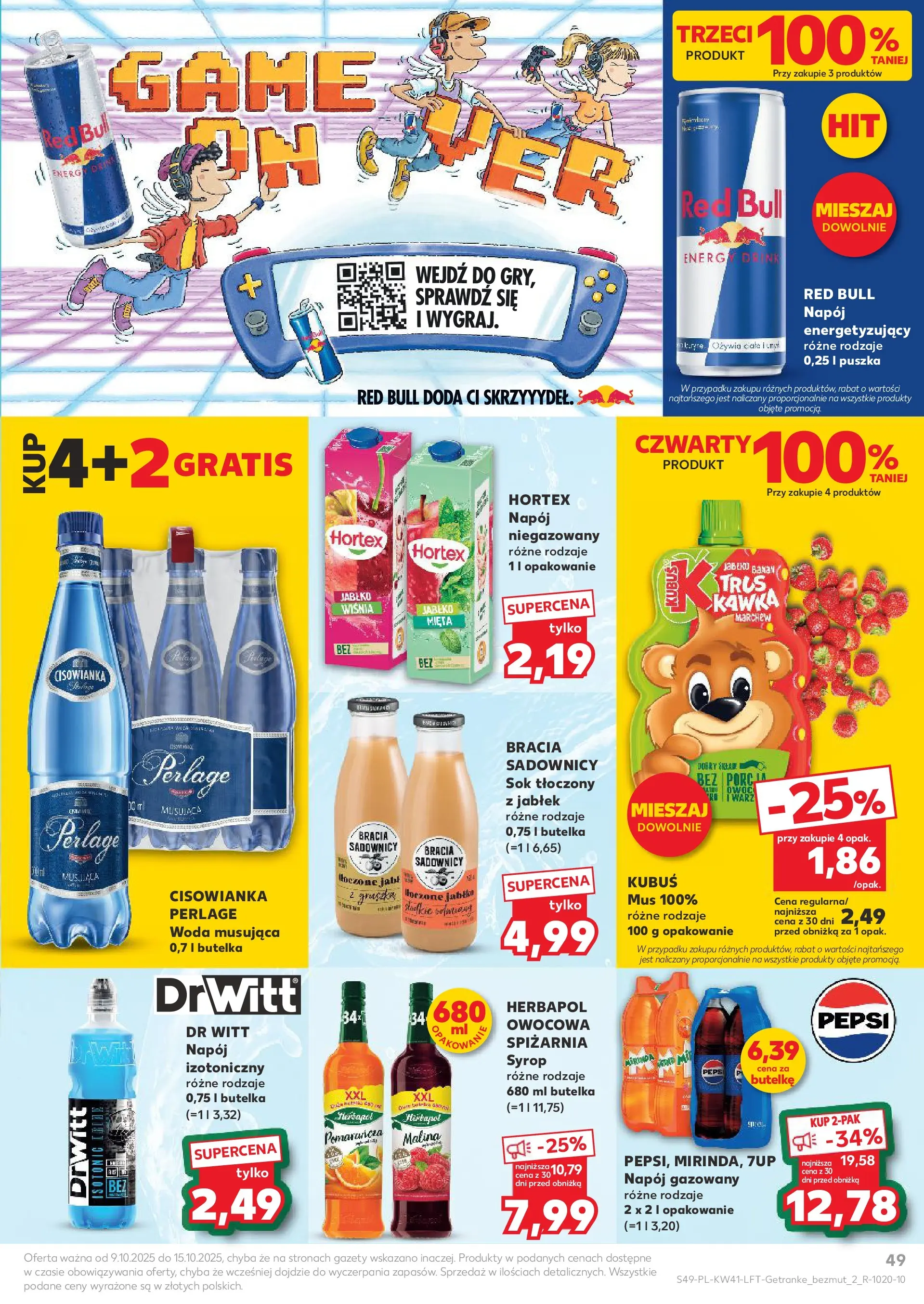 Kaufland gazetka od 09.10.2025 - od jutra PDF | Strona: 49 | Produkty: Syrop, Gruszka, Red bull, Pepsi