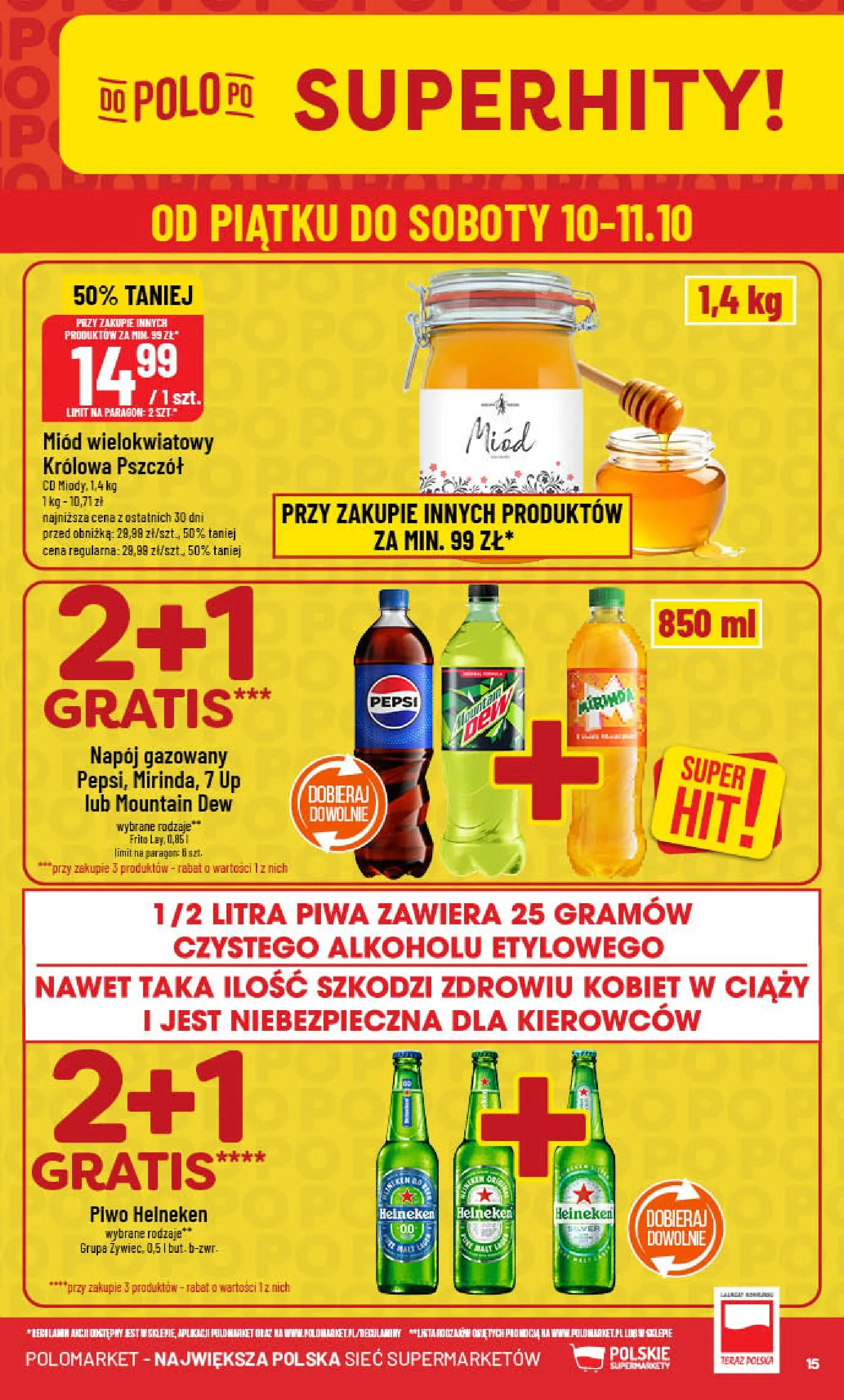 POLOmarket gazetka od jutra (08.10.2025) - Nowa PDF | Strona: 15 | Produkty: Miód, Pepsi, Piwo, Heineken
