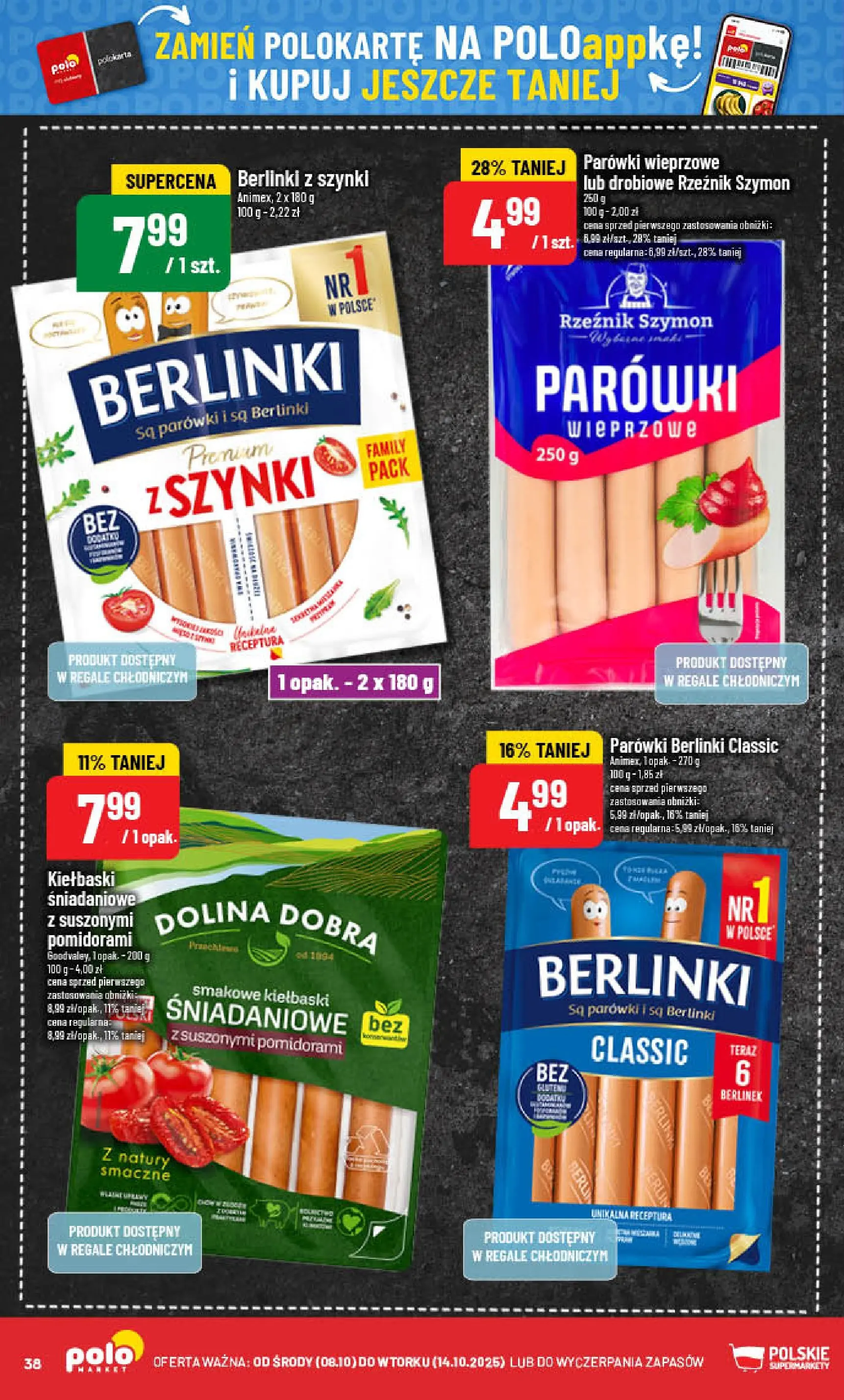 POLOmarket gazetka od jutra (08.10.2025) - Nowa PDF | Strona: 38 | Produkty: Parówki berlinki, Parówki wieprzowe, Parówki, Kiełbaski
